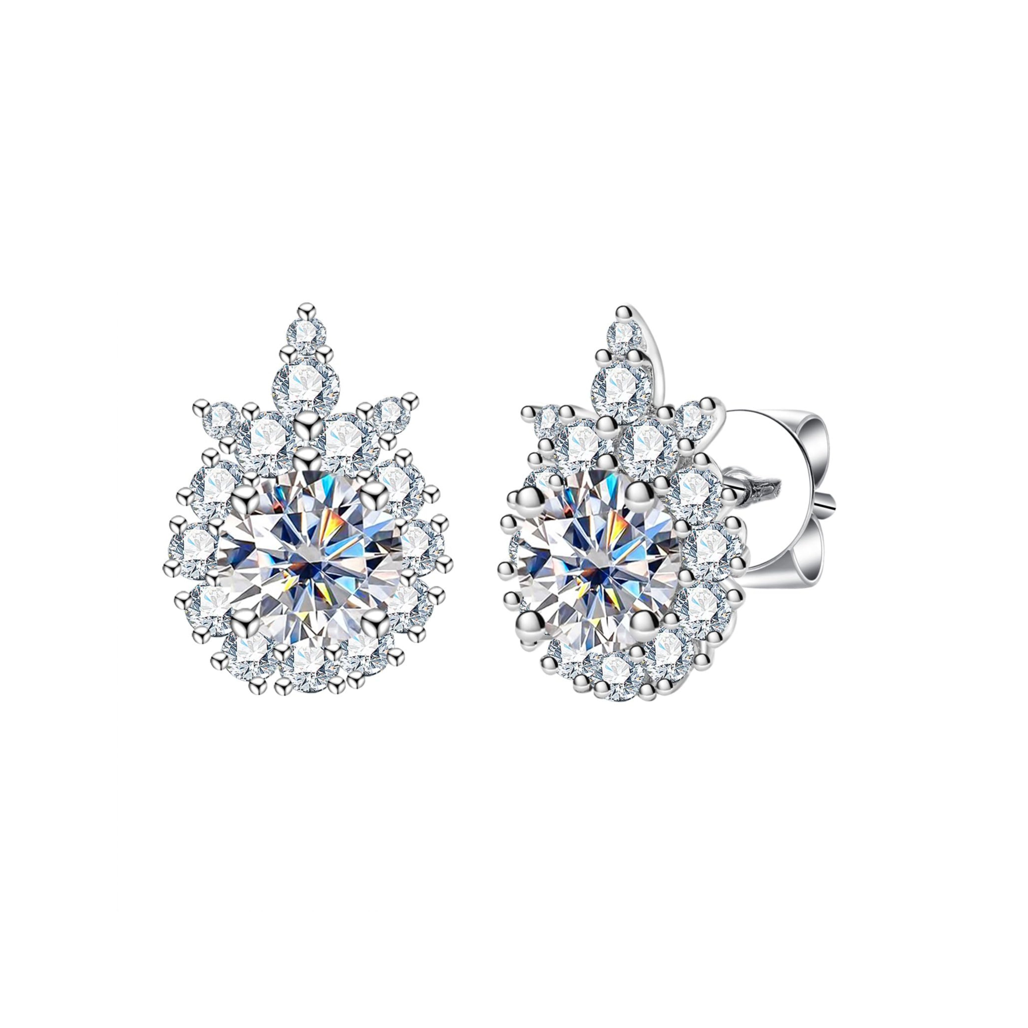 Floral Halo Moissanite Stud Earrings for Women | Round Brilliant Cut | 925 Sterling Silver