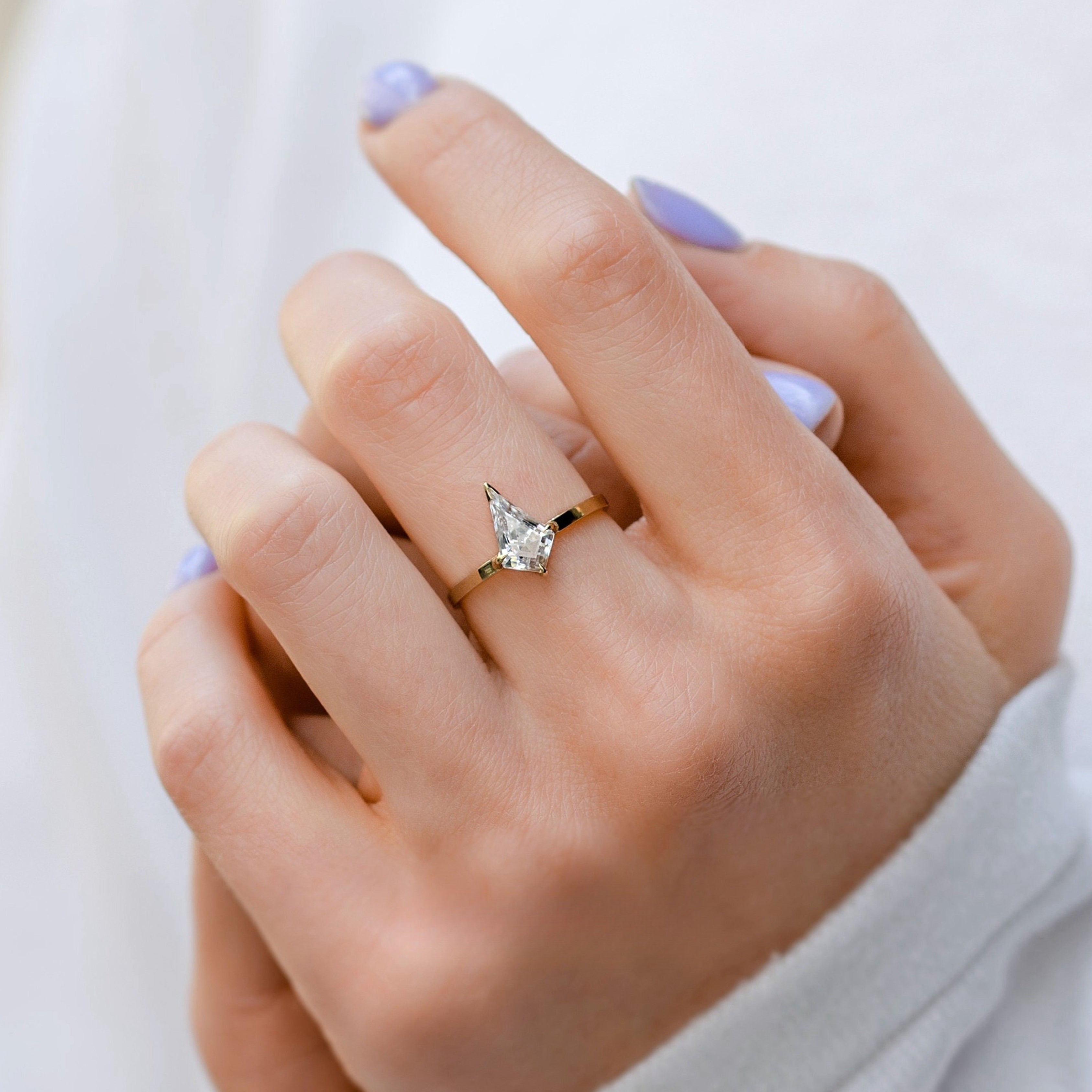solitaire rings, gold rings, kite cut engagement ring, unique cut diamond rings, gold rings for women, 14k gold rings, white gold rings, lab grown diamond rings, diamond rings for women, diamond rings, valentines gift for her, birthday gift for her, moissanite rings
