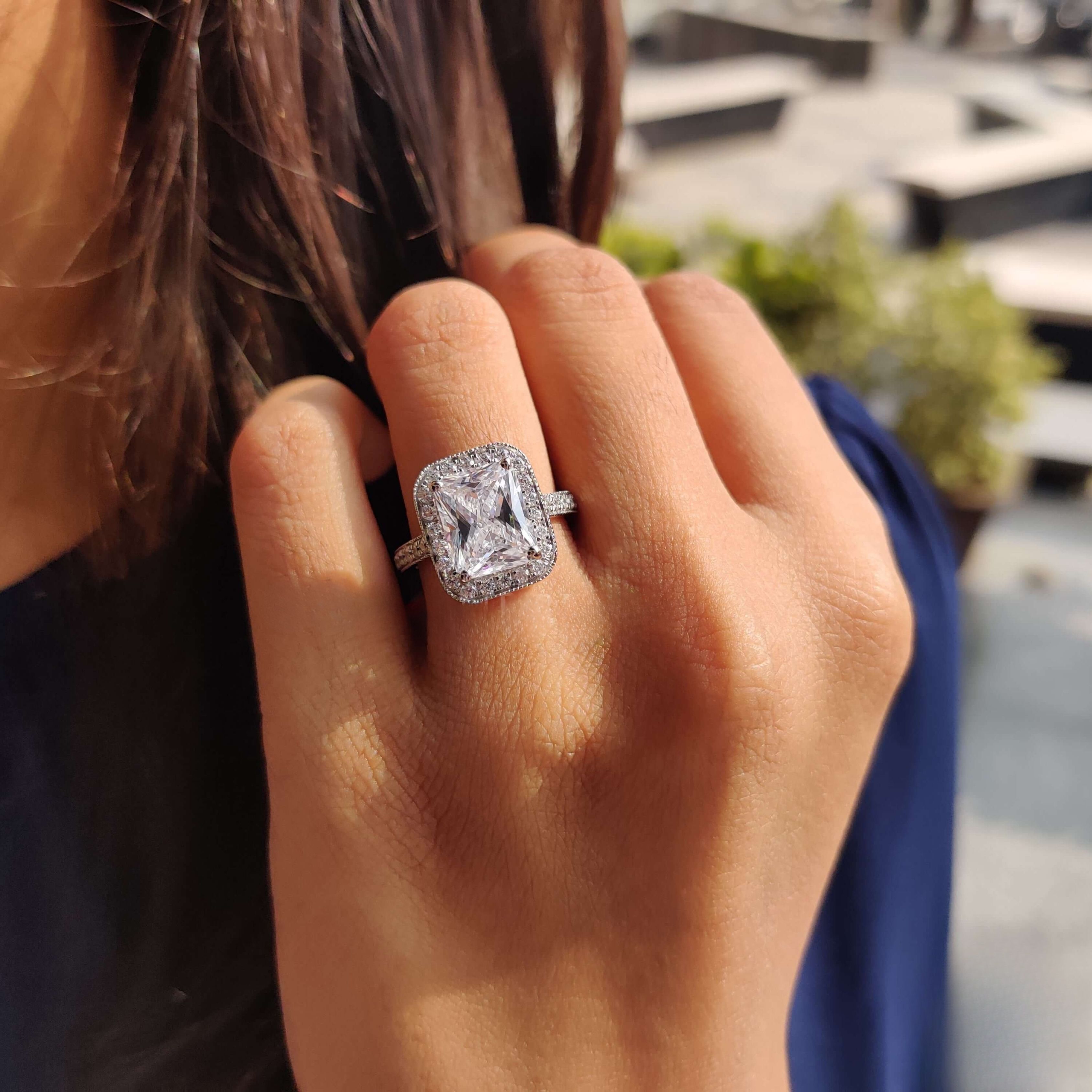 radiant cut moissanite ring, hidden halo engagement ring, halo engagement ring, double halo engagement ring, diamond halo engagement ring, moissanite halo ring, silver engagement ring, white gold ring, 14k white gold ring, 18k white gold ring, statement ring,
