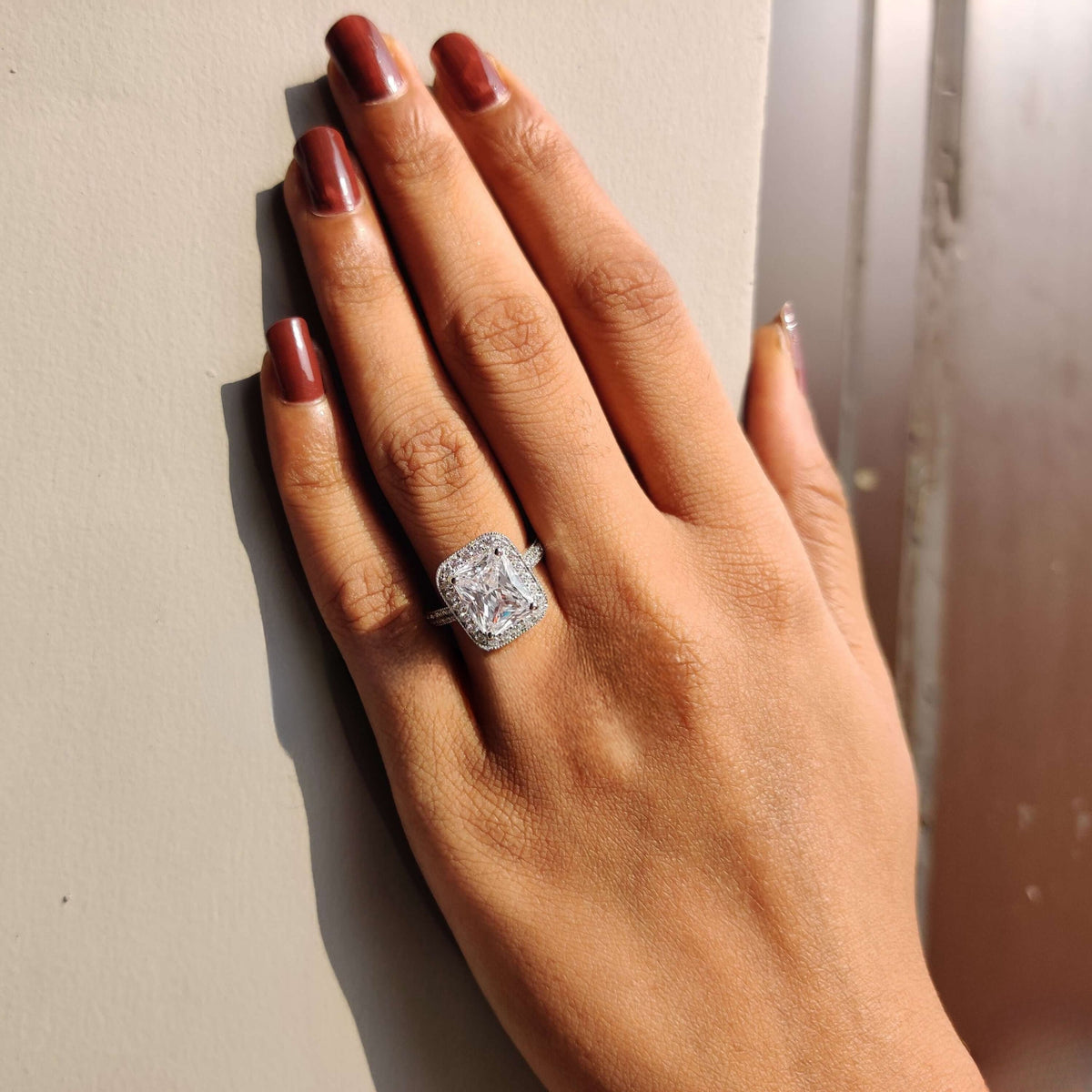 radiant cut moissanite ring, hidden halo engagement ring, halo engagement ring, double halo engagement ring, diamond halo engagement ring, moissanite halo ring, silver engagement ring, white gold ring, 14k white gold ring, 18k white gold ring, statement ring,