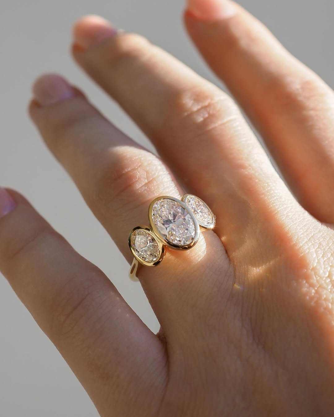 three stone ring, oval moissanite ring, bezel set ring, gold statement ring, anniversary ring, 3 stone anniversary ring, gold designer ring, white gold designer ring