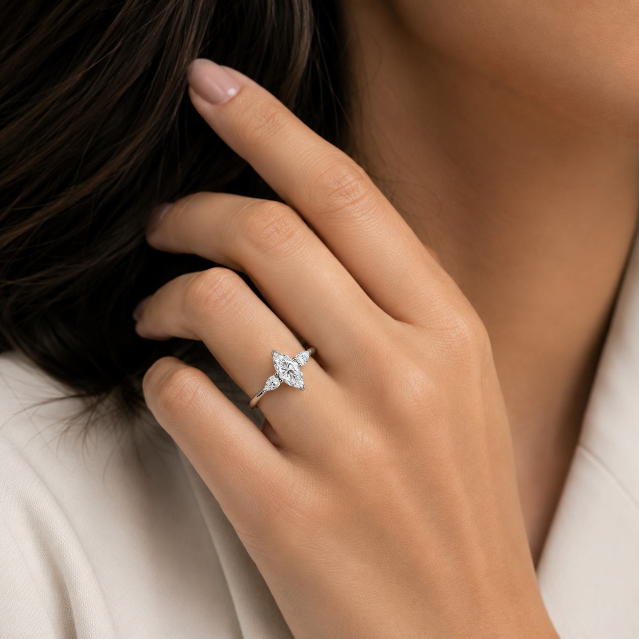 1.0 CT Marquise Cut Three Stone 14K White Gold Plated Engagement Ring with Pear Side Stone