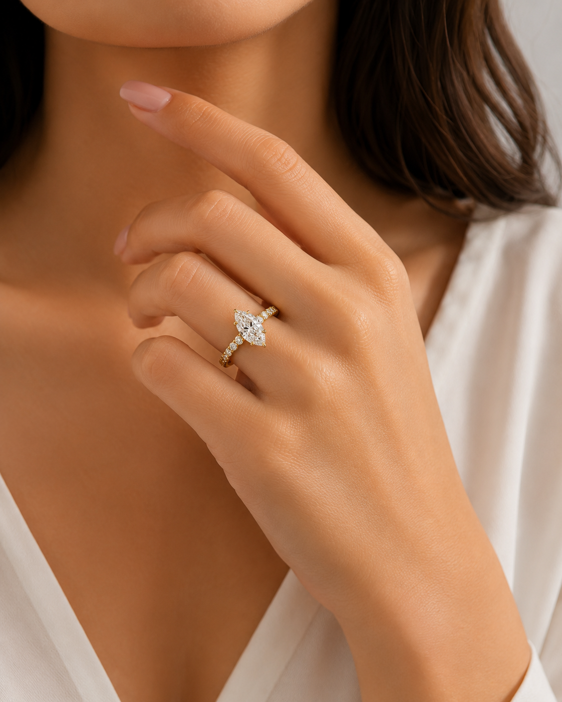 D - VVS Clarity 1.0 CT Marquise Cut Diamond Engagement Ring with Pavé Band & Hidden Halo | 925 Silver