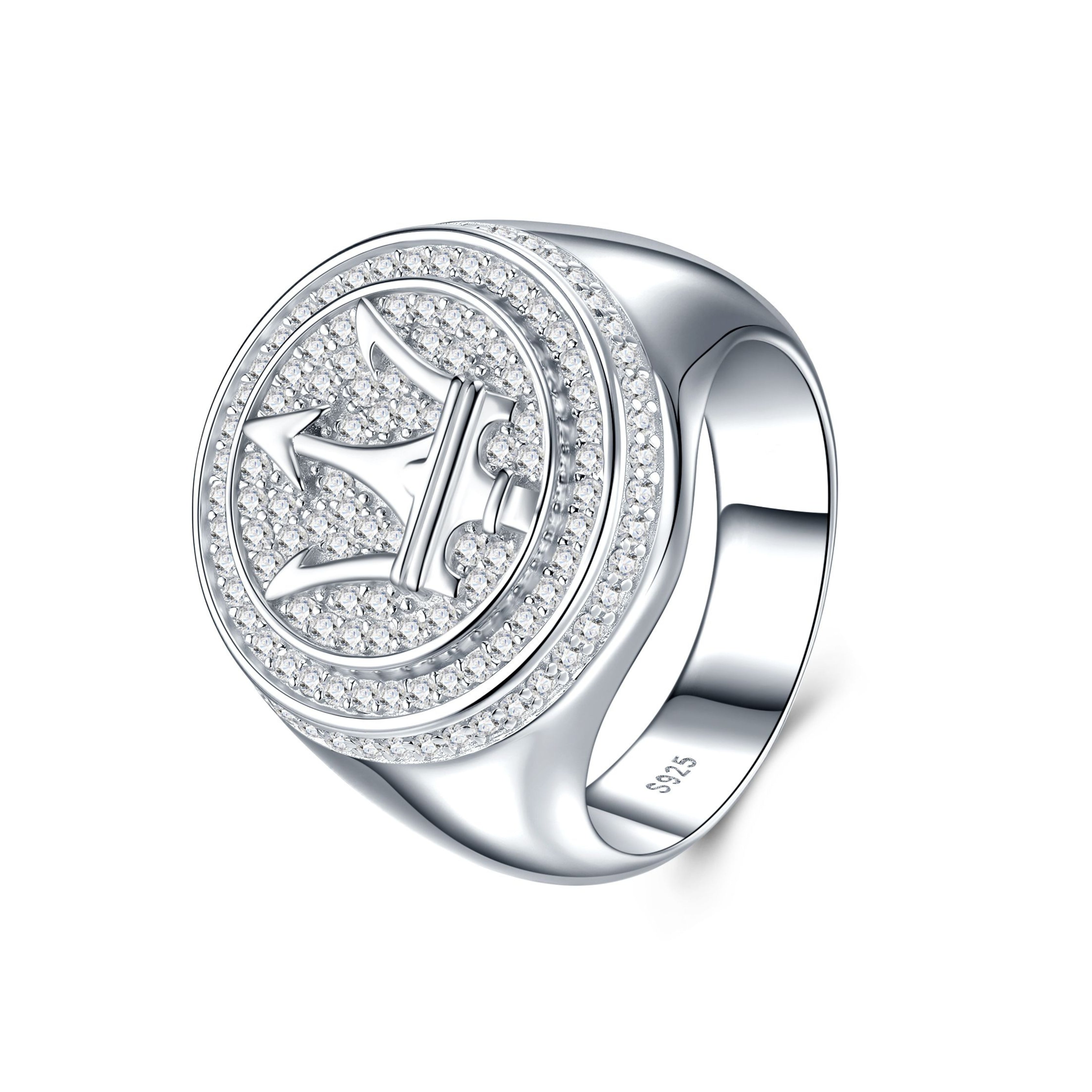Trident Logo Round Cut Moissanite Statement Ring For Men | 925 Sterling Silver