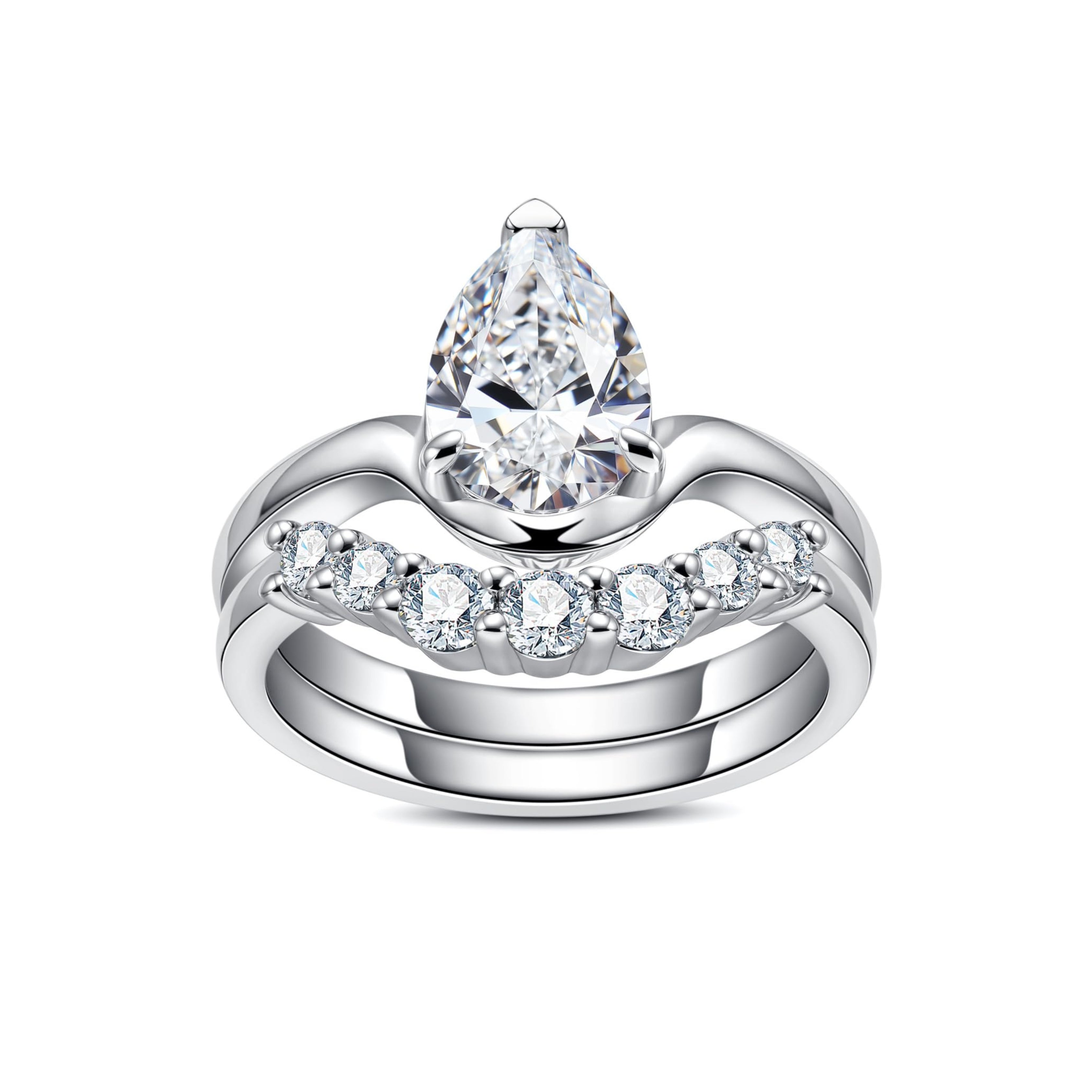 bridal ring set, pear cut ring, wedding ring set, engagement and wedding ring set, solitaire rings, gold rings, pear cut engagement ring, gold rings for women, 14k gold rings, white gold rings, lab grown diamond rings, diamond rings for women, diamond rings, valentines gift for her, birthday gift for her, moissanite rings