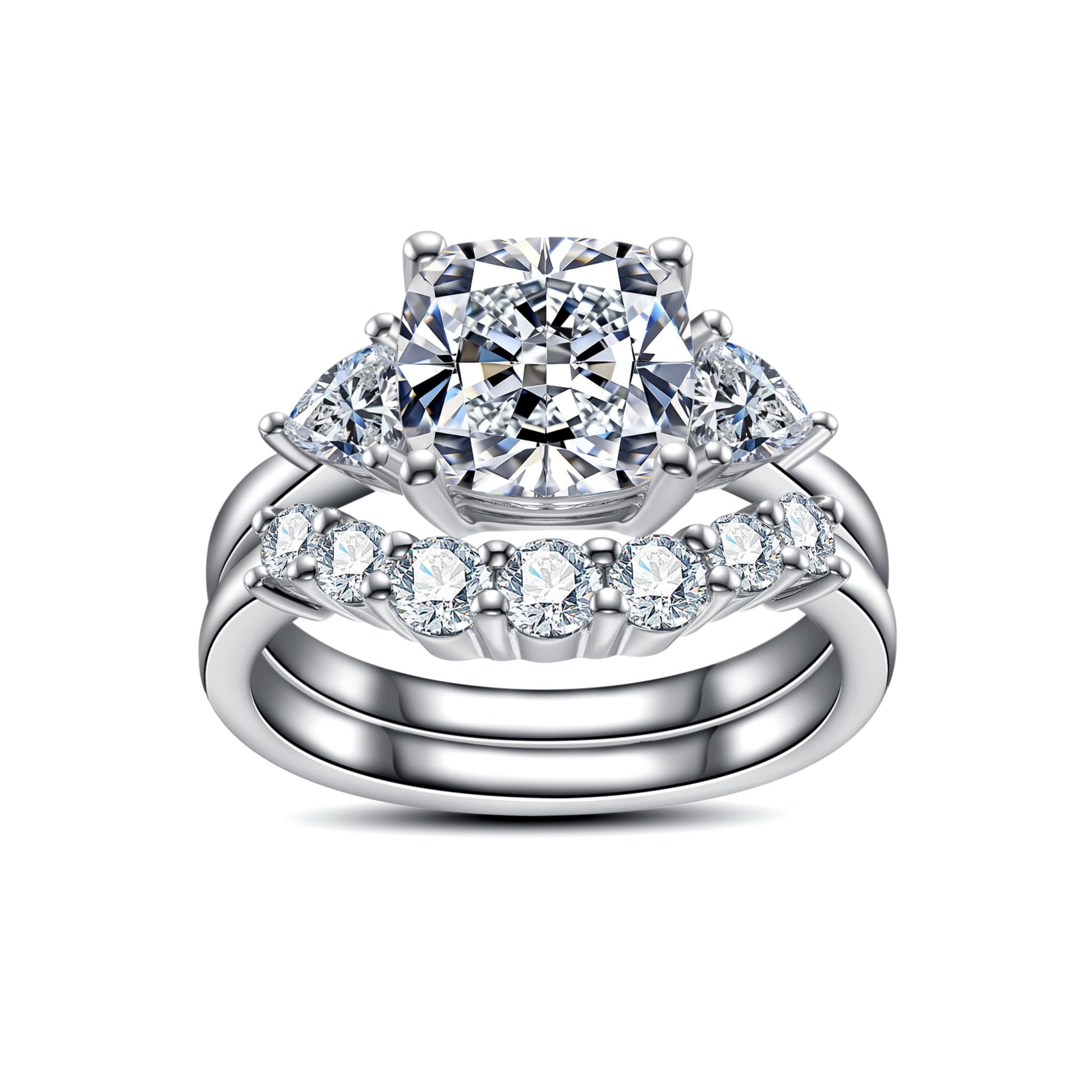 bridal ring set, three stone ring, cushion cut ring, wedding ring set, engagement and wedding ring set, solitaire rings, gold rings, cushion cut engagement ring, gold rings for women, 14k gold rings, white gold rings, lab grown diamond rings, diamond rings for women, diamond rings, valentines gift for her, birthday gift for her, moissanite rings