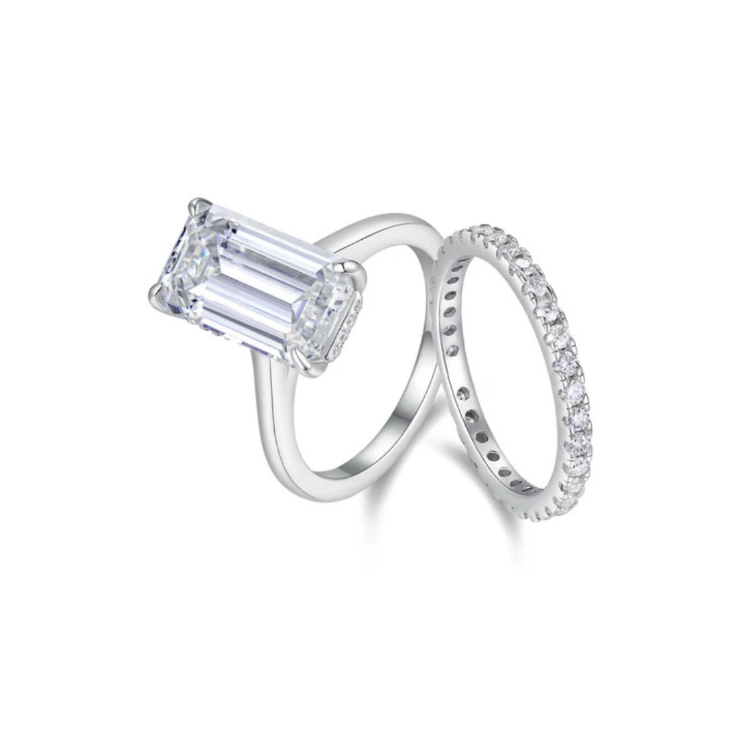 bridal ring set, emerald cut ring, wedding ring set, engagement and wedding ring set, solitaire rings, gold rings, emerald cut engagement ring, gold rings for women, 14k gold rings, white gold rings, lab grown diamond rings, diamond rings for women, diamond rings, valentines gift for her, birthday gift for her, moissanite rings