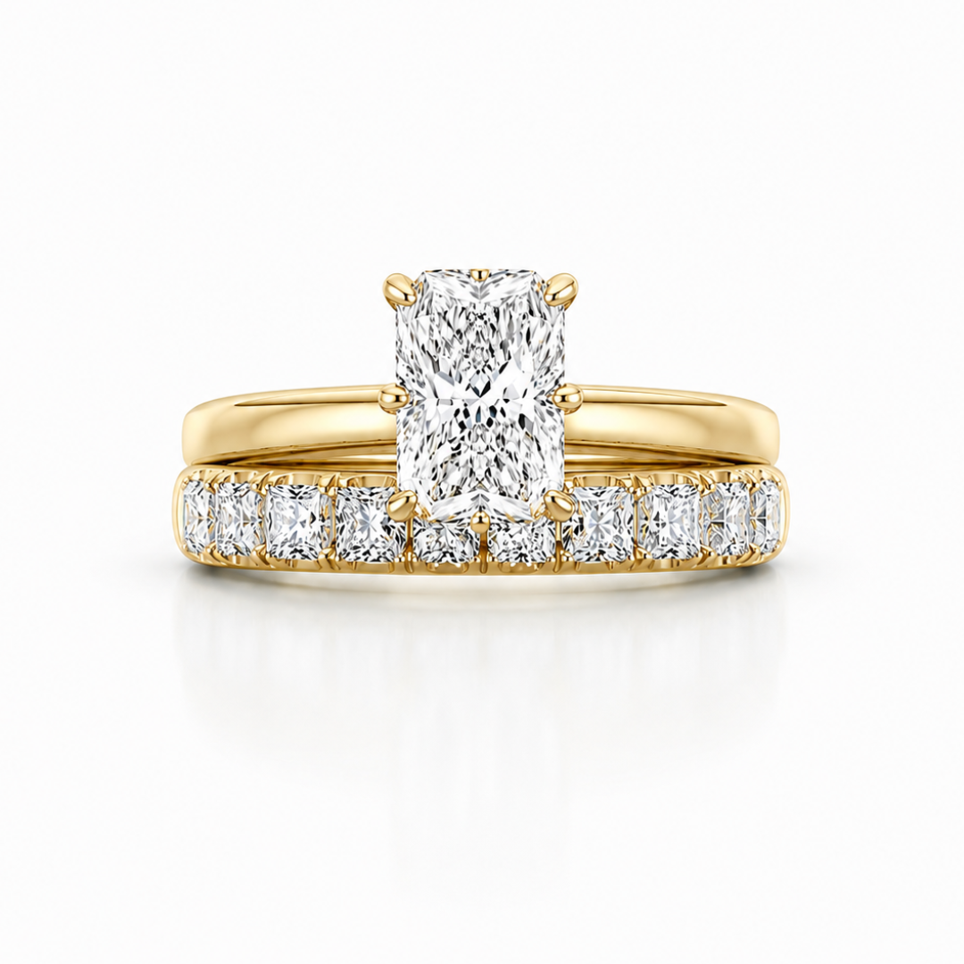 radiant cut moissanite ring gold, engagement ring with accent stones, gold plated engagement ring India, lab grown diamond alternative, luxury bridal rings for women, moissanite engagement ring USA, diamond band ring, statement engagement ring