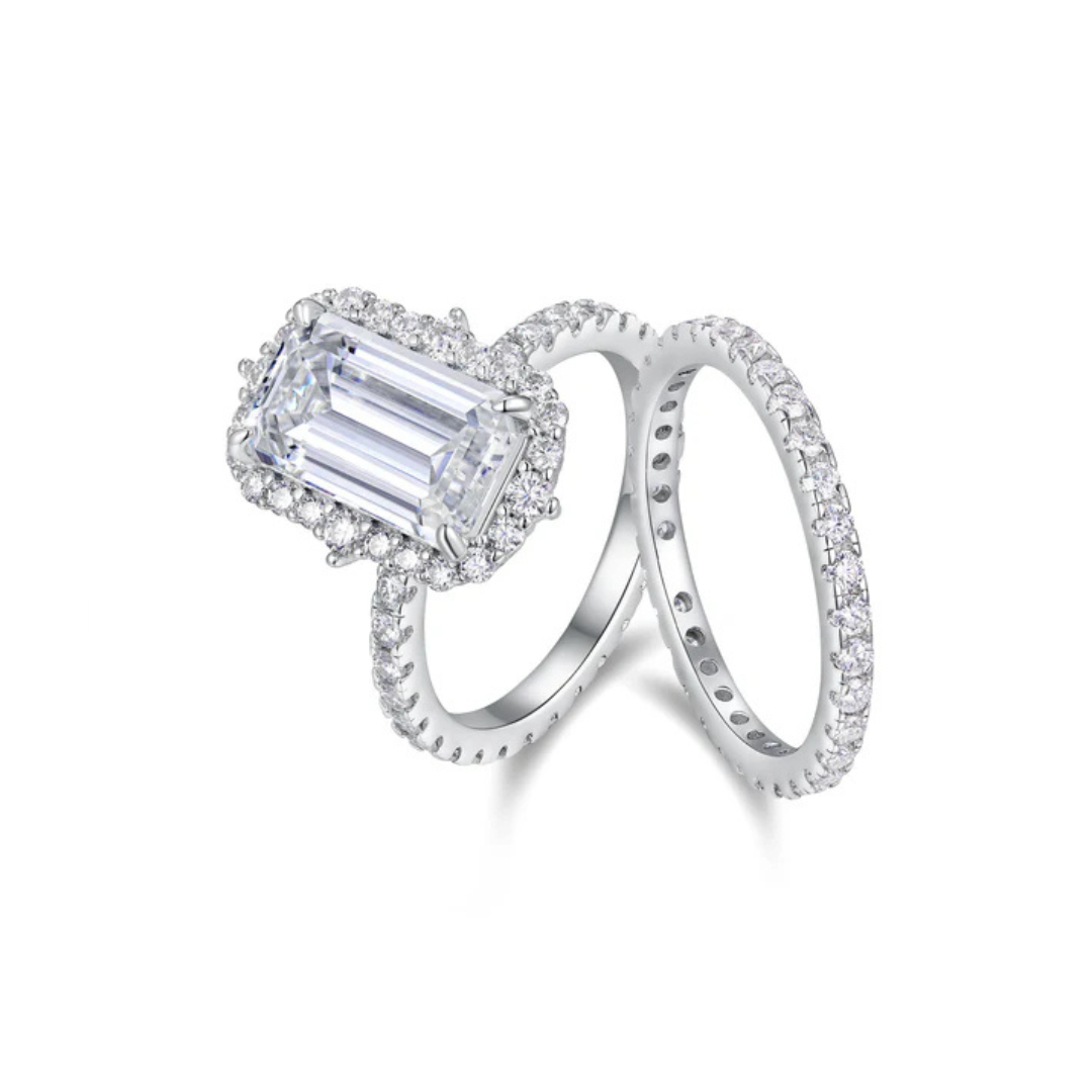 bridal ring set, emerald cut ring, wedding ring set, engagement and wedding ring set, solitaire rings, gold rings, emerald cut engagement ring, gold rings for women, 14k gold rings, white gold rings, lab grown diamond rings, diamond rings for women, diamond rings, valentines gift for her, birthday gift for her, moissanite rings