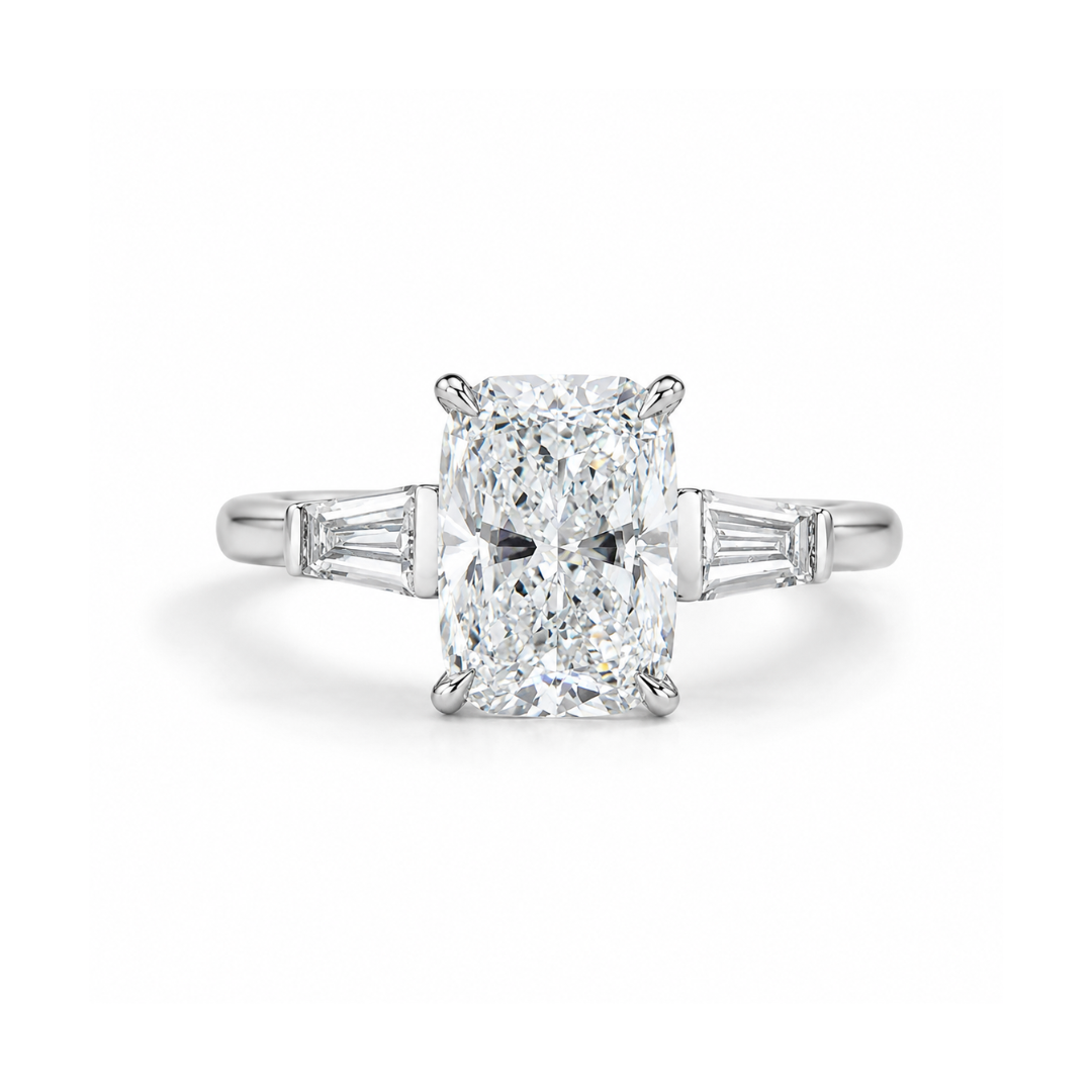 cushion cut moissanite ring, three stone engagement ring, baguette side stone ring, white gold plated ring USA, lab grown diamond alternative, luxury engagement ring for women, moissanite jewelry UK, classic bridal ring