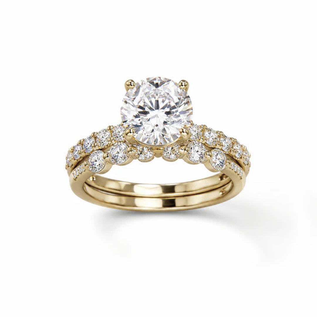 round moissanite ring gold, pavé band engagement ring, gold ring UK, lab grown diamond alternative, luxury engagement rings for women, moissanite jewelry USA, classic bridal ring, diamond look ring
