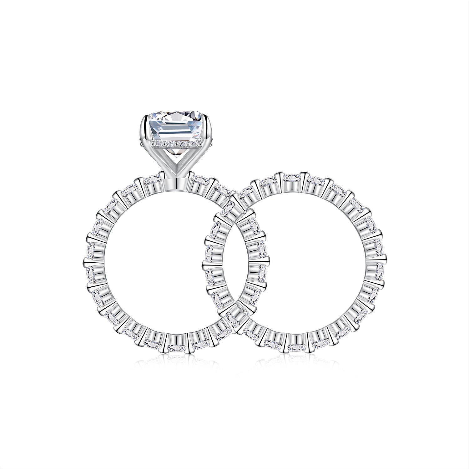 bridal ring set, emerald cut ring, wedding ring set, engagement and wedding ring set, solitaire rings, gold rings, emerald cut engagement ring, gold rings for women, 14k gold rings, white gold rings, lab grown diamond rings, diamond rings for women, diamond rings, valentines gift for her, birthday gift for her, moissanite rings