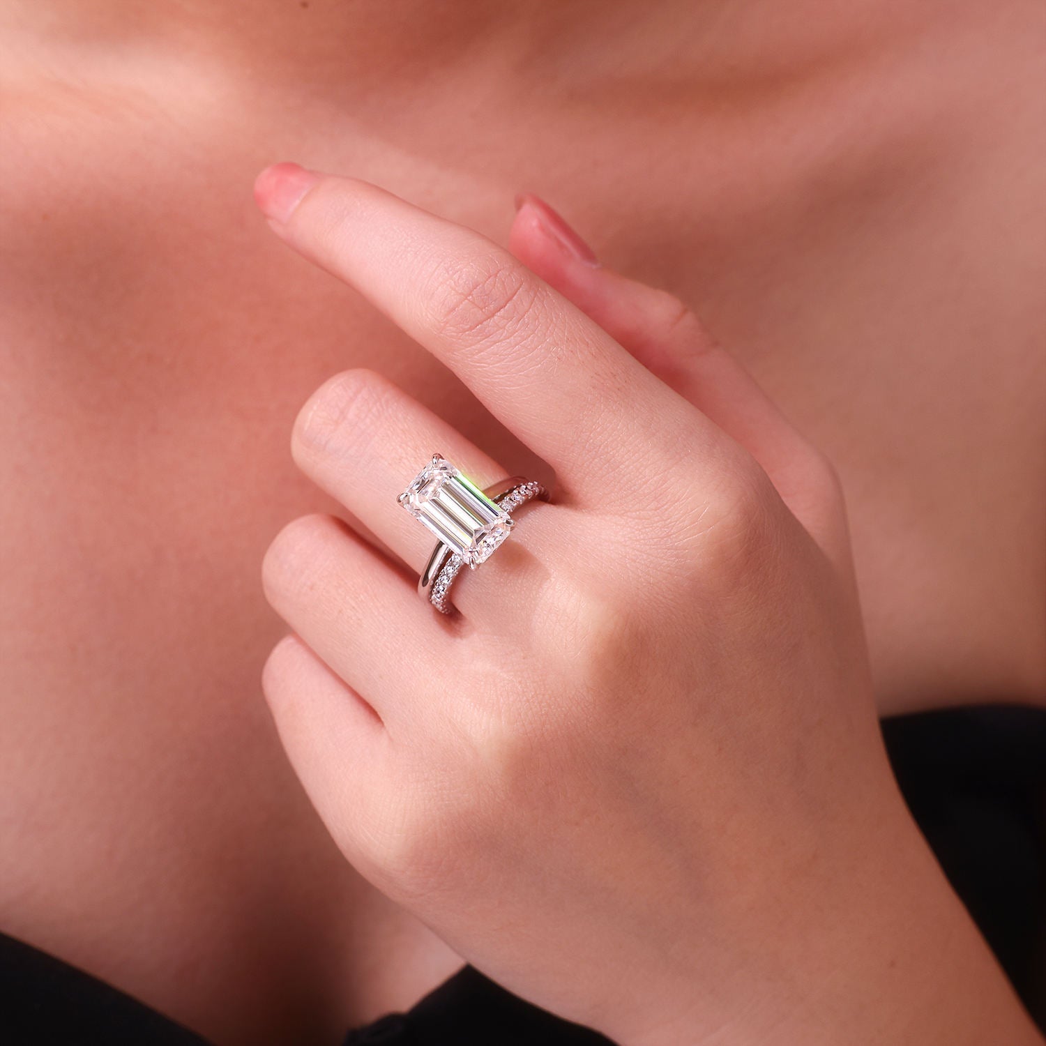 bridal ring set, emerald cut ring, wedding ring set, engagement and wedding ring set, solitaire rings, gold rings, emerald cut engagement ring, gold rings for women, 14k gold rings, white gold rings, lab grown diamond rings, diamond rings for women, diamond rings, valentines gift for her, birthday gift for her, moissanite rings