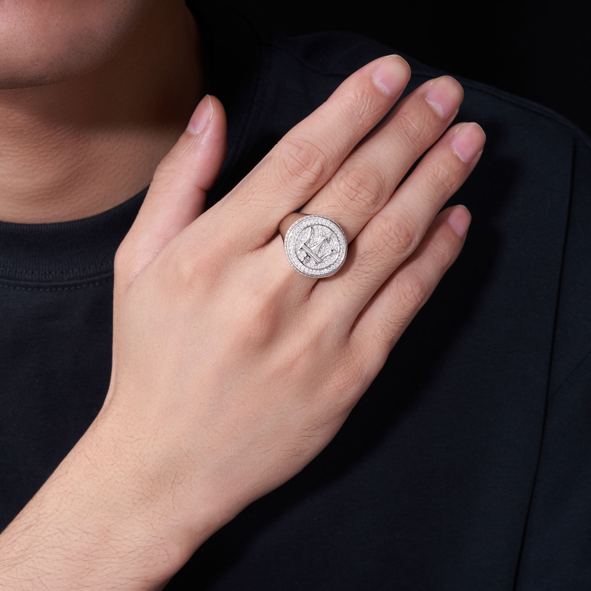 Trident Logo Round Cut Moissanite Statement Ring For Men | 925 Sterling Silver