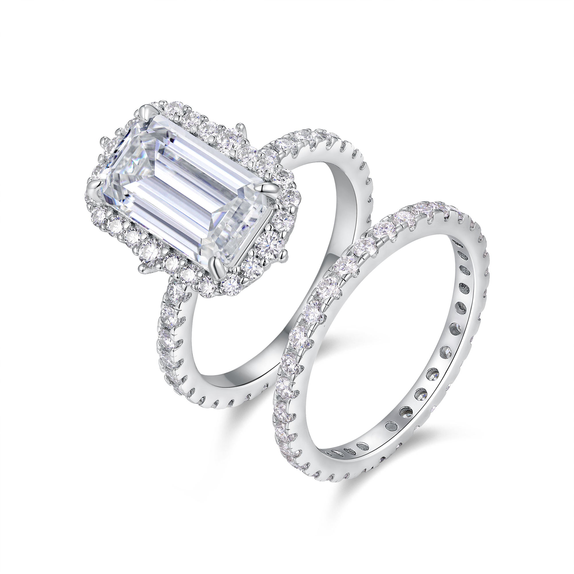 bridal ring set, emerald cut ring, wedding ring set, engagement and wedding ring set, solitaire rings, gold rings, emerald cut engagement ring, gold rings for women, 14k gold rings, white gold rings, lab grown diamond rings, diamond rings for women, diamond rings, valentines gift for her, birthday gift for her, moissanite rings