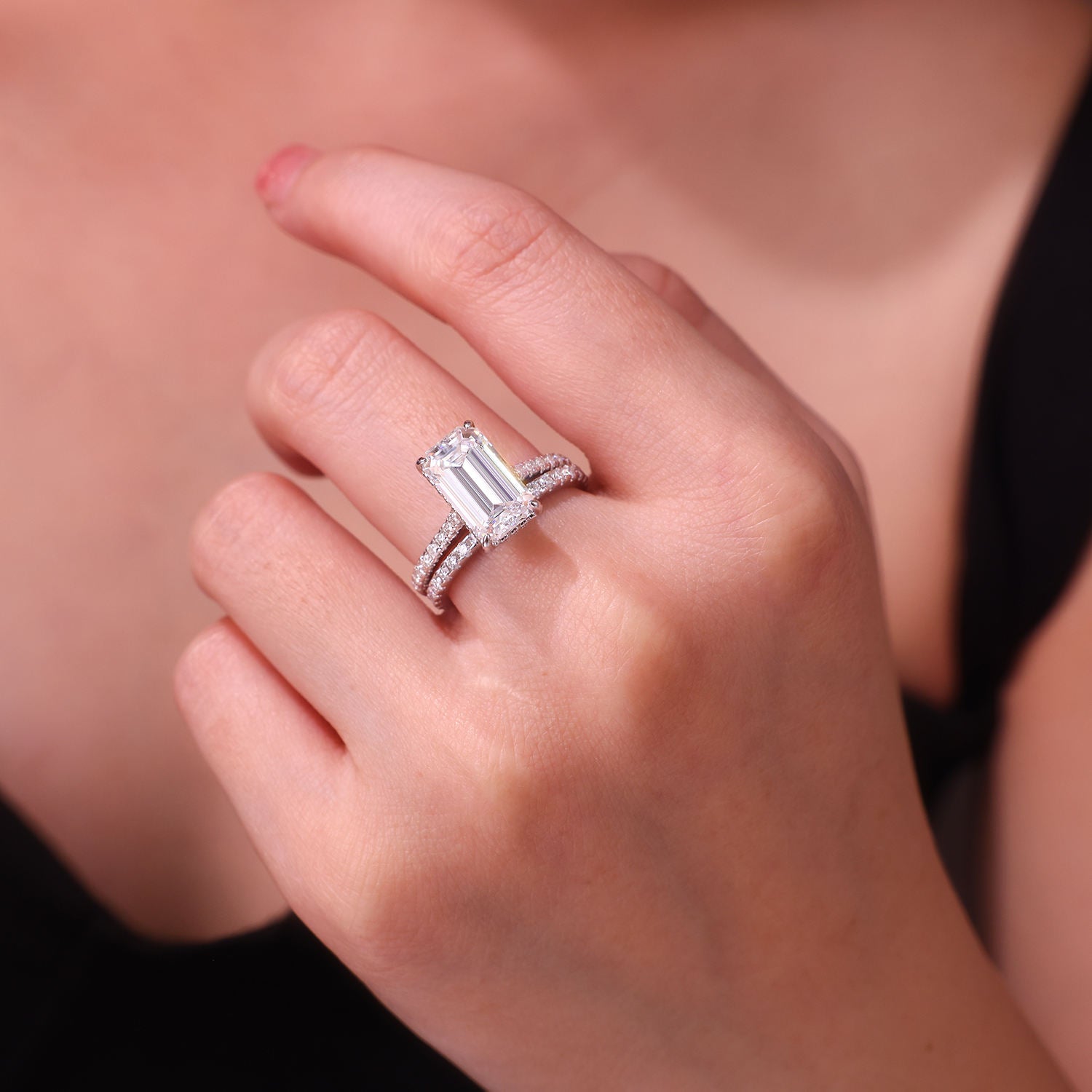 bridal ring set, emerald cut ring, wedding ring set, engagement and wedding ring set, solitaire rings, gold rings, emerald cut engagement ring, gold rings for women, 14k gold rings, white gold rings, lab grown diamond rings, diamond rings for women, diamond rings, valentines gift for her, birthday gift for her, moissanite rings