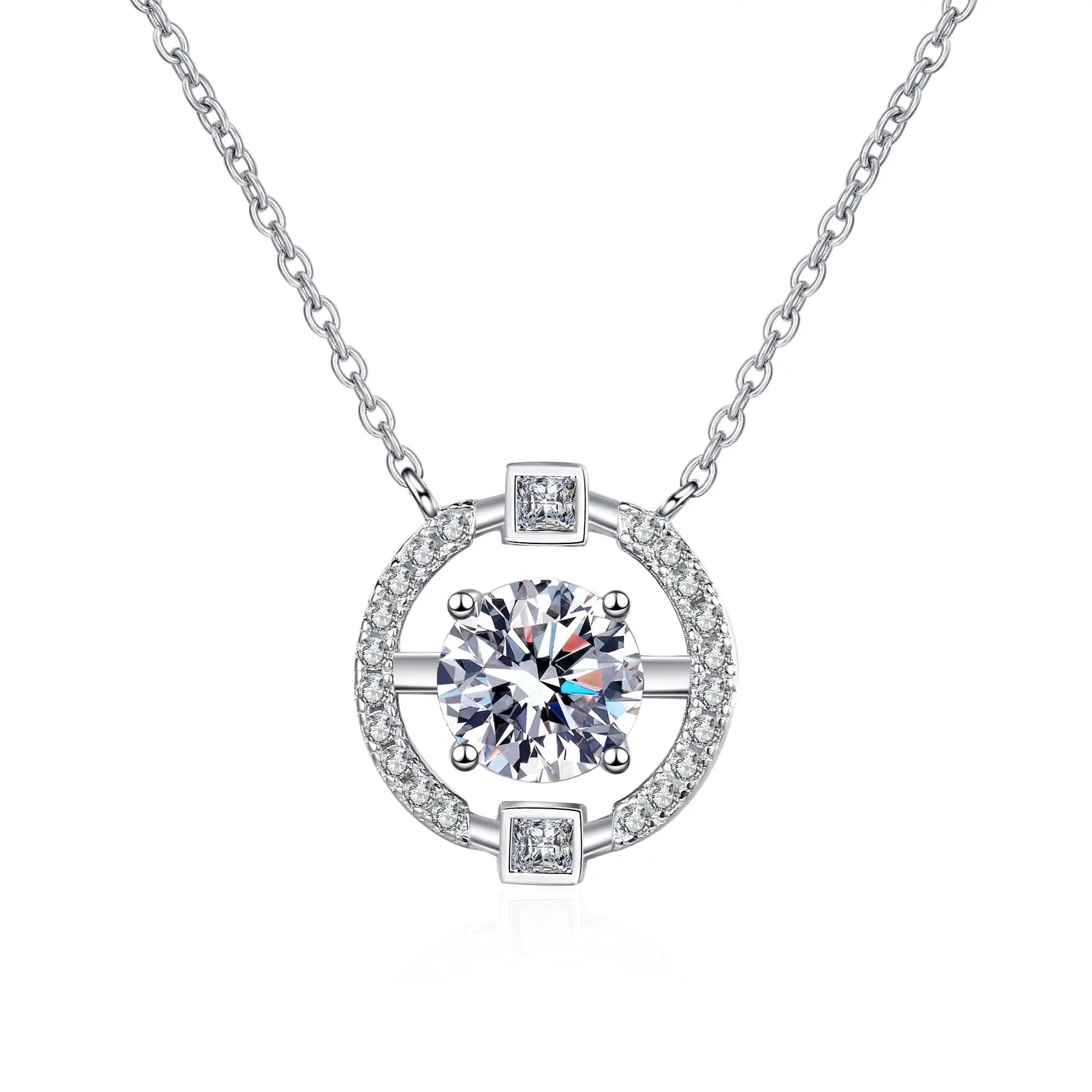 halo diamond necklace, circle pendant necklace, round diamond pendant necklace, bridal necklace silver, 10 year anniversary gift, womens silver pendant necklace