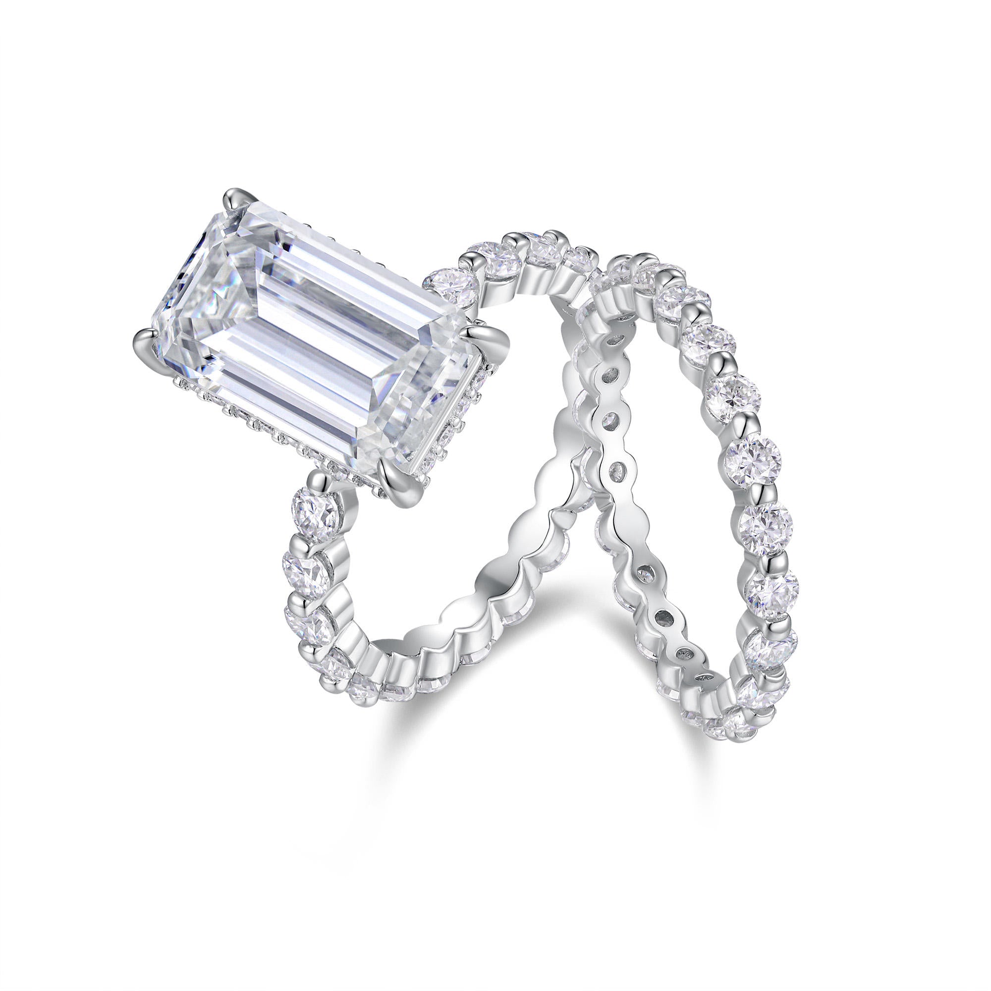 bridal ring set, emerald cut ring, wedding ring set, engagement and wedding ring set, solitaire rings, gold rings, emerald cut engagement ring, gold rings for women, 14k gold rings, white gold rings, lab grown diamond rings, diamond rings for women, diamond rings, valentines gift for her, birthday gift for her, moissanite rings
