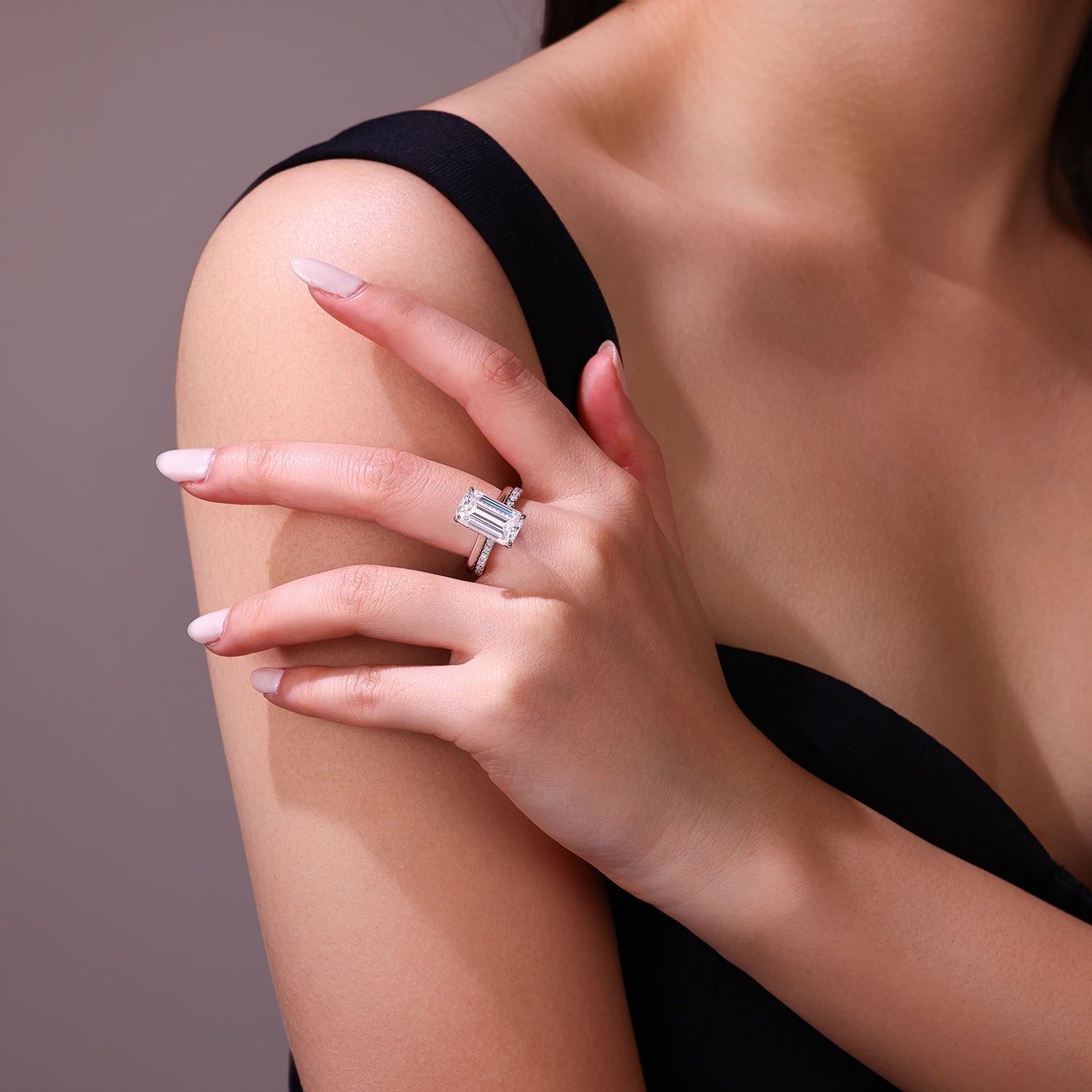 bridal ring set, emerald cut ring, wedding ring set, engagement and wedding ring set, solitaire rings, gold rings, emerald cut engagement ring, gold rings for women, 14k gold rings, white gold rings, lab grown diamond rings, diamond rings for women, diamond rings, valentines gift for her, birthday gift for her, moissanite rings