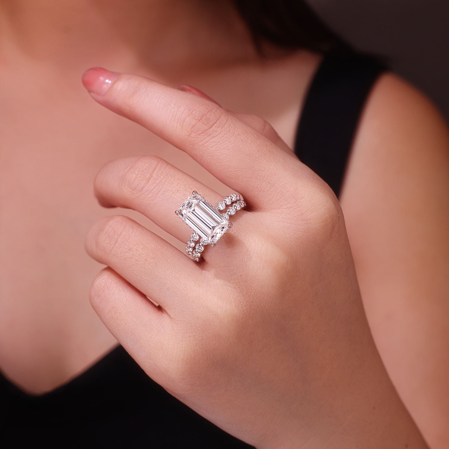 bridal ring set, emerald cut ring, wedding ring set, engagement and wedding ring set, solitaire rings, gold rings, emerald cut engagement ring, gold rings for women, 14k gold rings, white gold rings, lab grown diamond rings, diamond rings for women, diamond rings, valentines gift for her, birthday gift for her, moissanite rings
