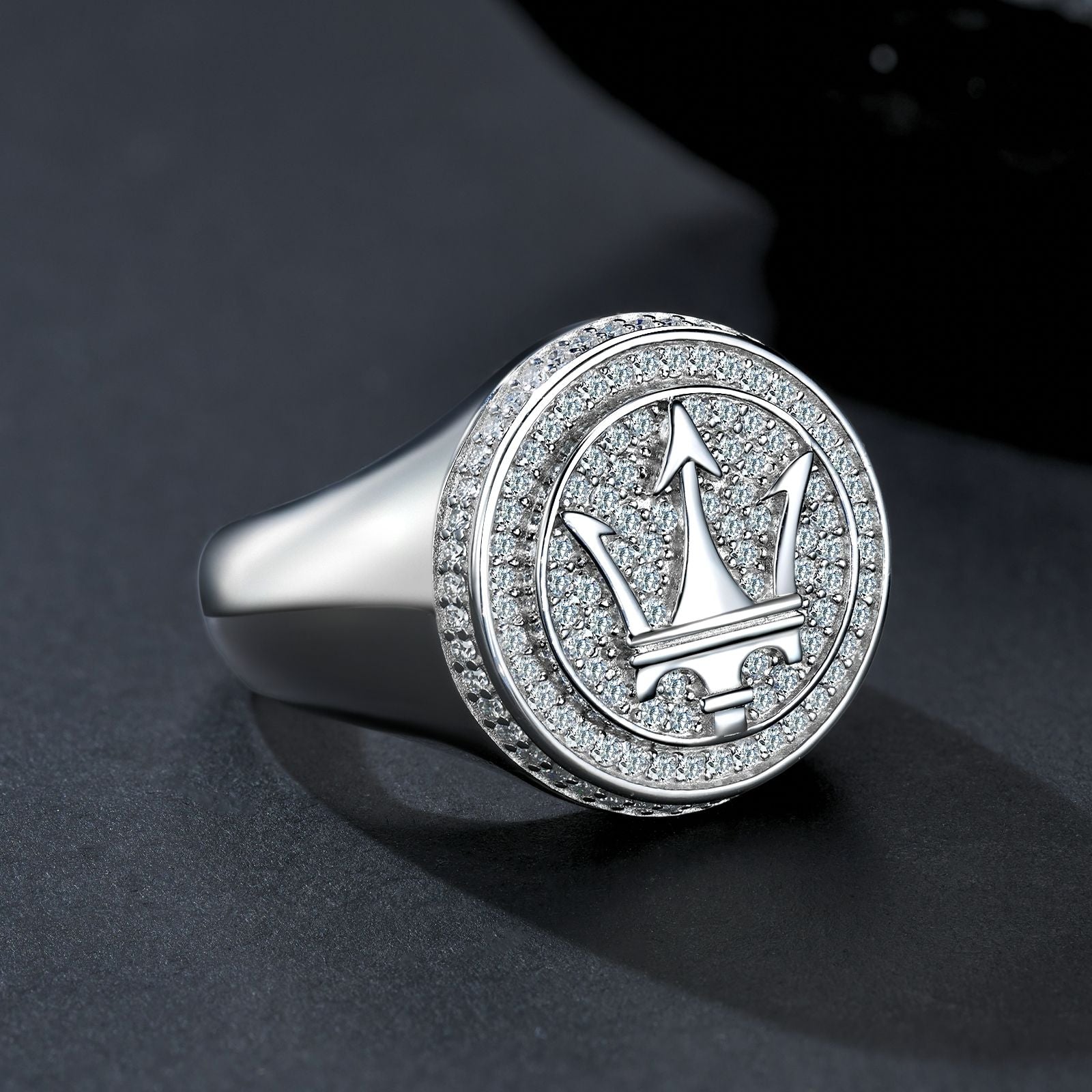 Trident Logo Round Cut Moissanite Statement Ring For Men | 925 Sterling Silver