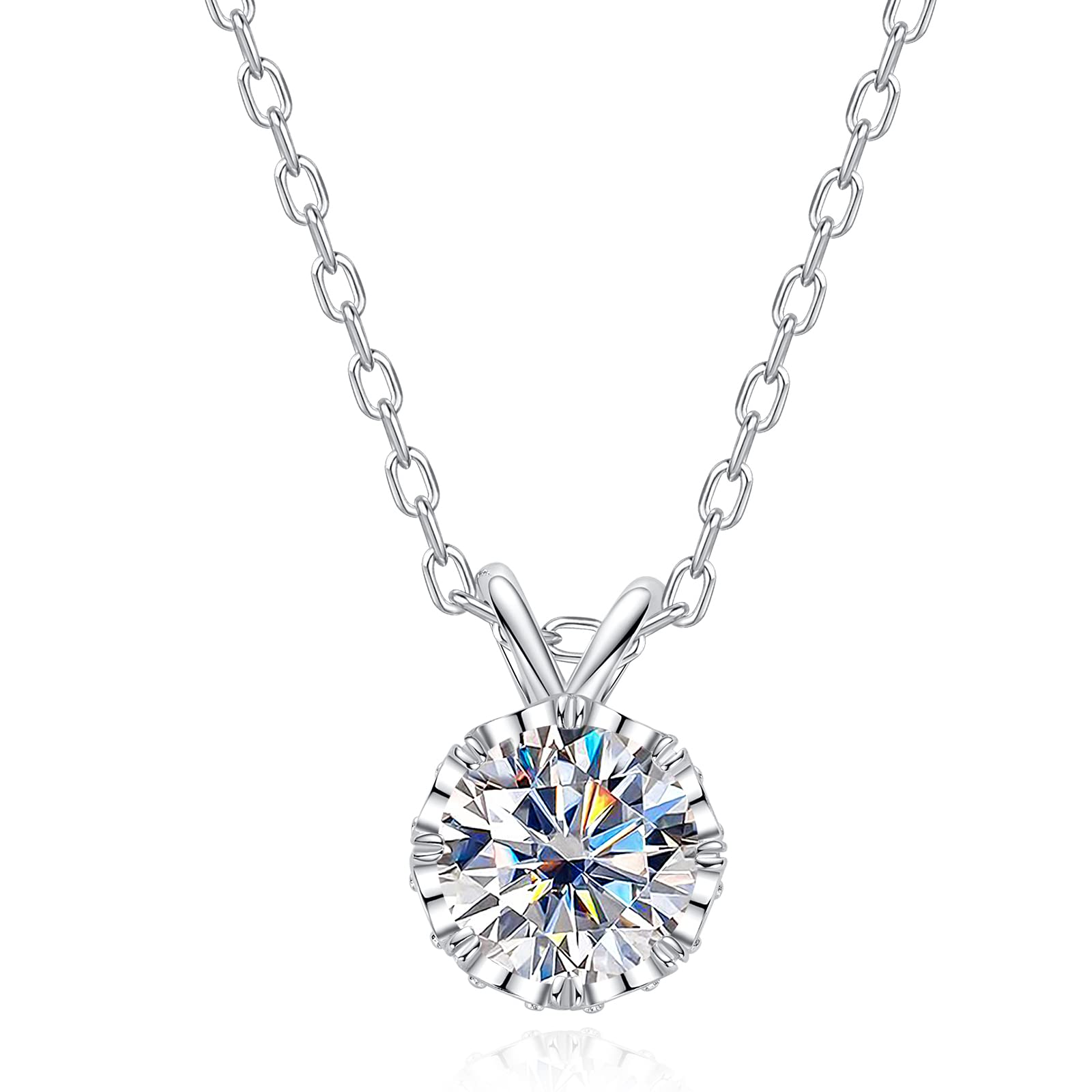 moissanite pendant necklace, round solitaire necklace, silver pendant for women, custom moissanite jewelry, lab grown diamond pendant, white gold plated necklace, dainty pendant necklace