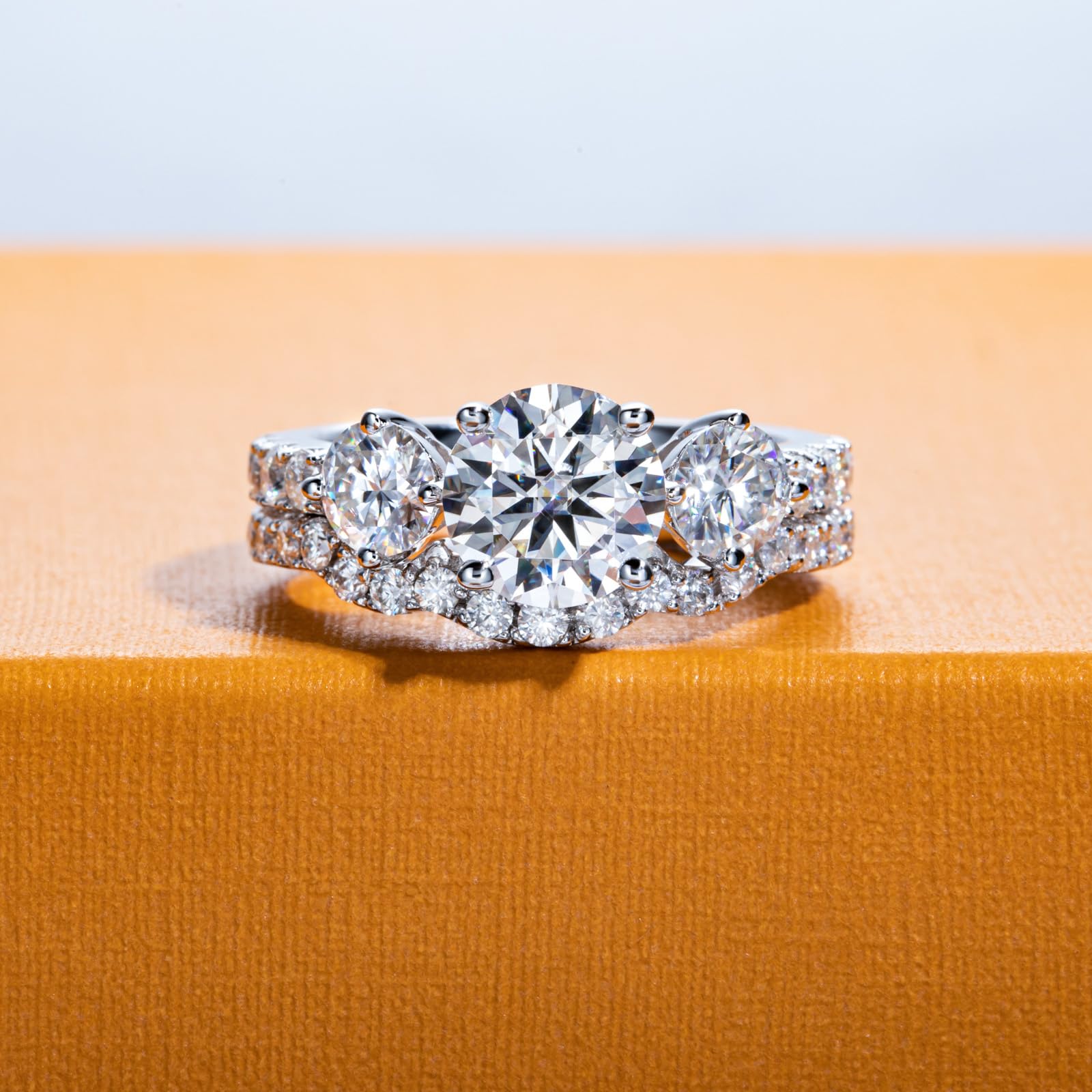 three stone engagement ring, bridal ring set, round cut diamond ring, wedding ring set, engagement and wedding ring set, solitaire rings, gold rings, round cut engagement ring, gold rings for women, 14k gold rings, white gold rings, lab grown diamond rings, diamond rings for women, diamond rings, valentines gift for her, birthday gift for her, moissanite rings, 925 silver rings