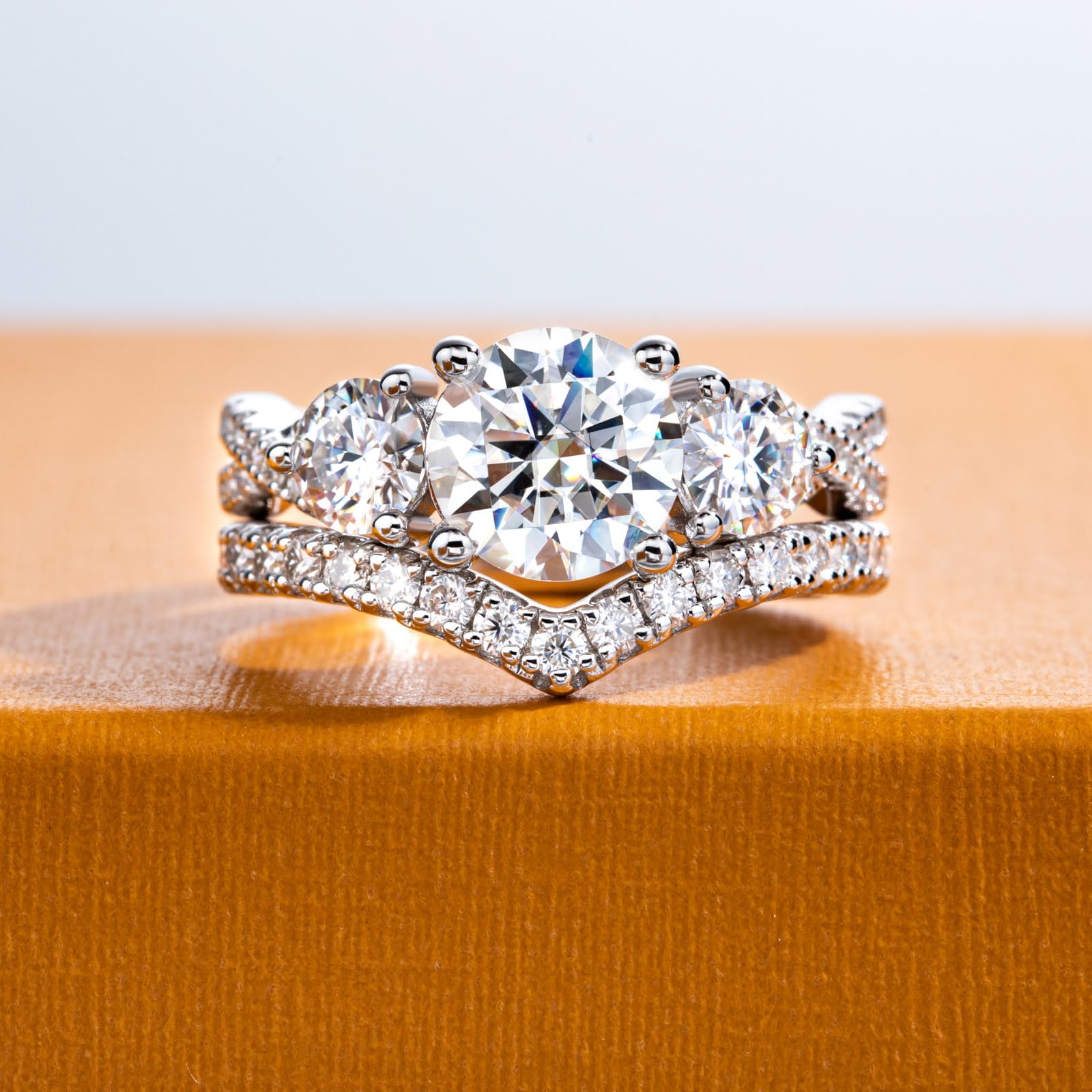 three stone ring, chevron ring, bridal ring set, round cut diamond ring, wedding ring set, engagement and wedding ring set, solitaire rings, gold rings, round cut engagement ring, gold rings for women, 14k gold rings, white gold rings, lab grown diamond rings, diamond rings for women, diamond rings, valentines gift for her, birthday gift for her, moissanite rings, 925 silver rings