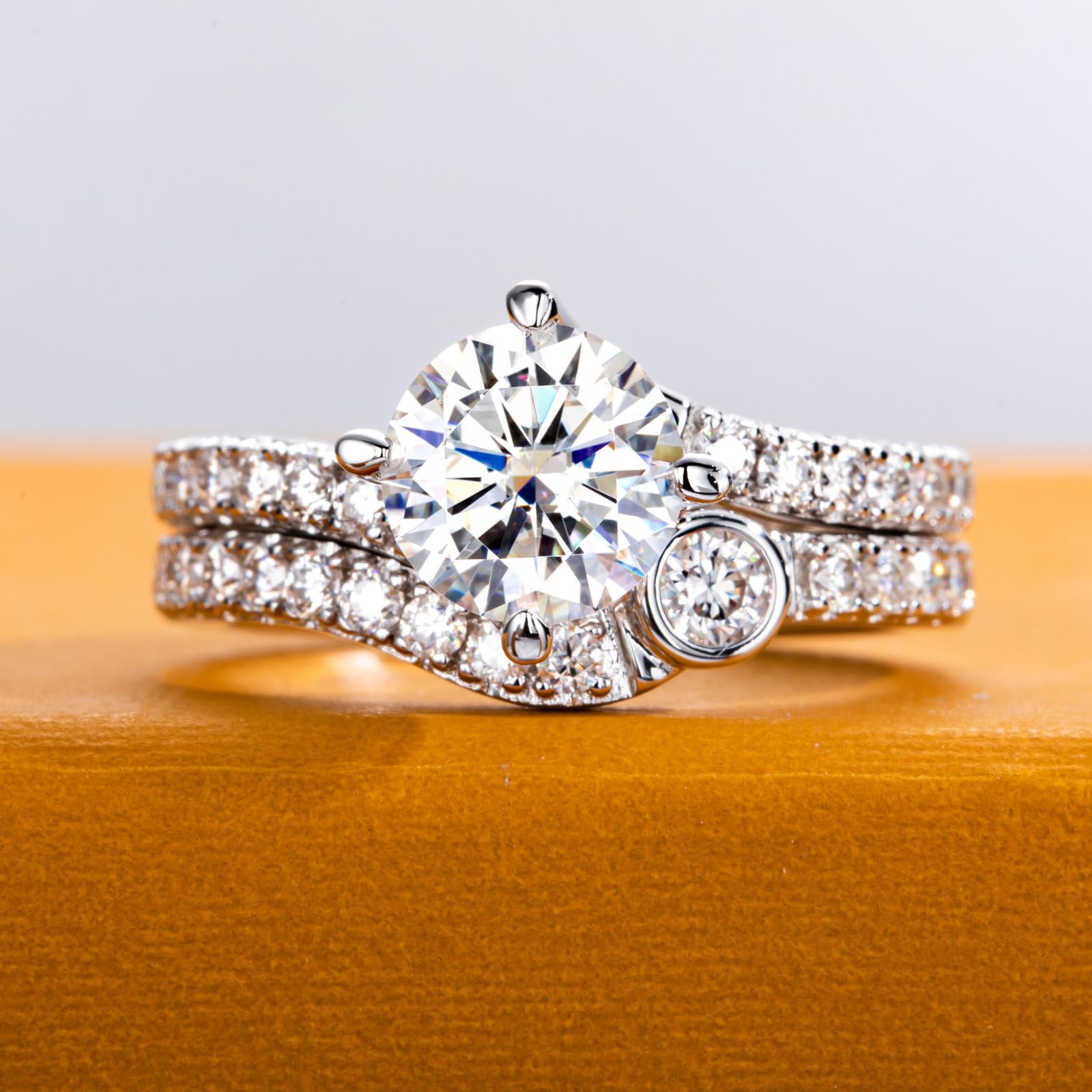 bridal ring set, round cut diamond ring, wedding ring set, engagement and wedding ring set, solitaire rings, gold rings, round cut engagement ring, gold rings for women, 14k gold rings, white gold rings, lab grown diamond rings, diamond rings for women, diamond rings, valentines gift for her, birthday gift for her, moissanite rings