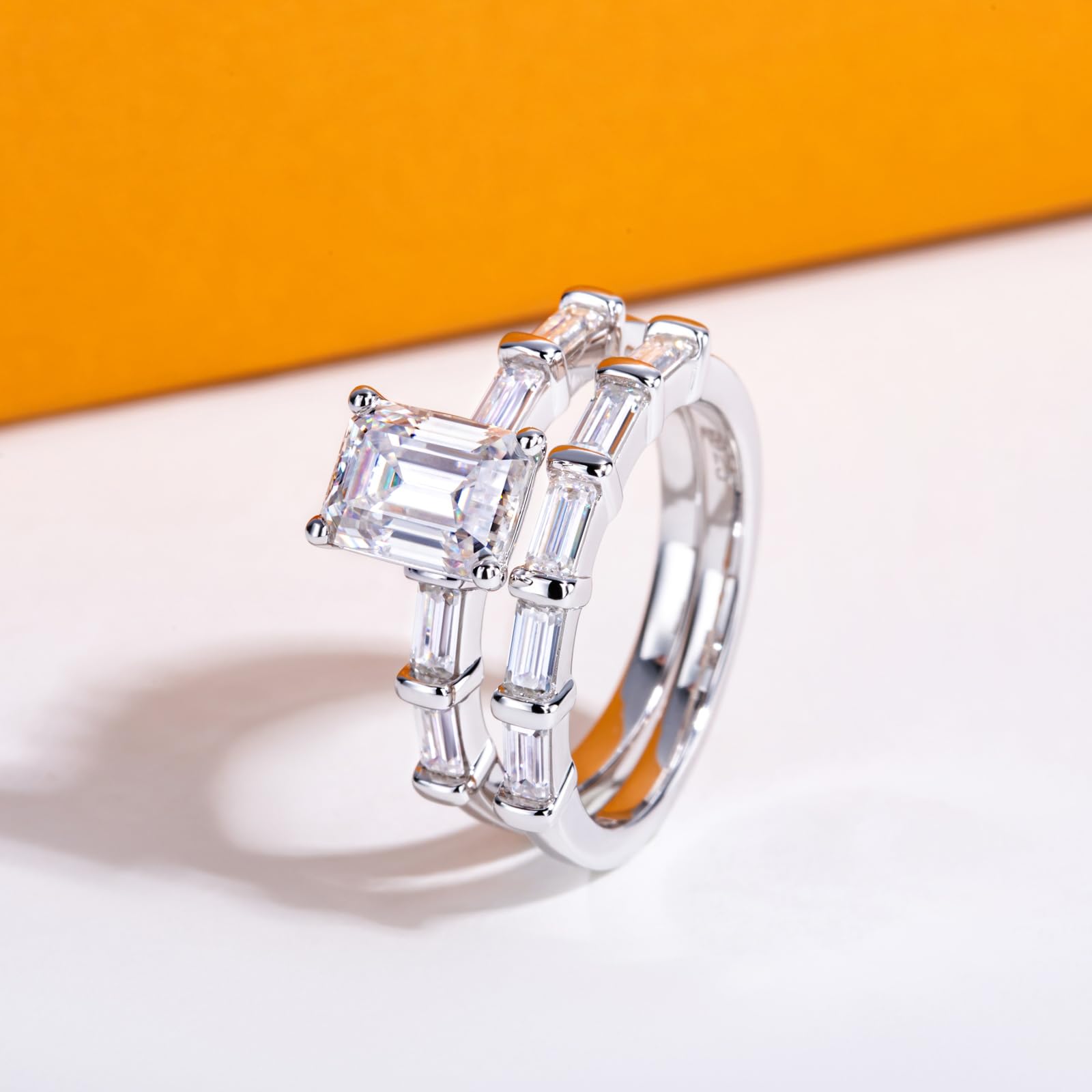 bridal ring set, emerald cut ring, wedding ring set, engagement and wedding ring set, solitaire rings, gold rings, emerald cut engagement ring, gold rings for women, 14k gold rings, white gold rings, lab grown diamond rings, diamond rings for women, diamond rings, valentines gift for her, birthday gift for her, moissanite rings