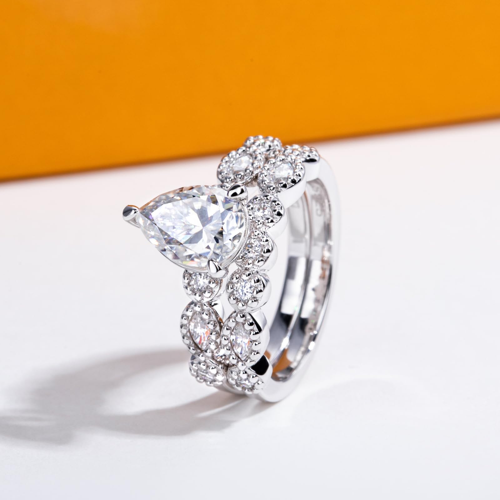 bridal ring set, pear cut ring, wedding ring set, engagement and wedding ring set, solitaire rings, gold rings, pear cut engagement ring, gold rings for women, 14k gold rings, white gold rings, lab grown diamond rings, diamond rings for women, diamond rings, valentines gift for her, birthday gift for her, moissanite rings