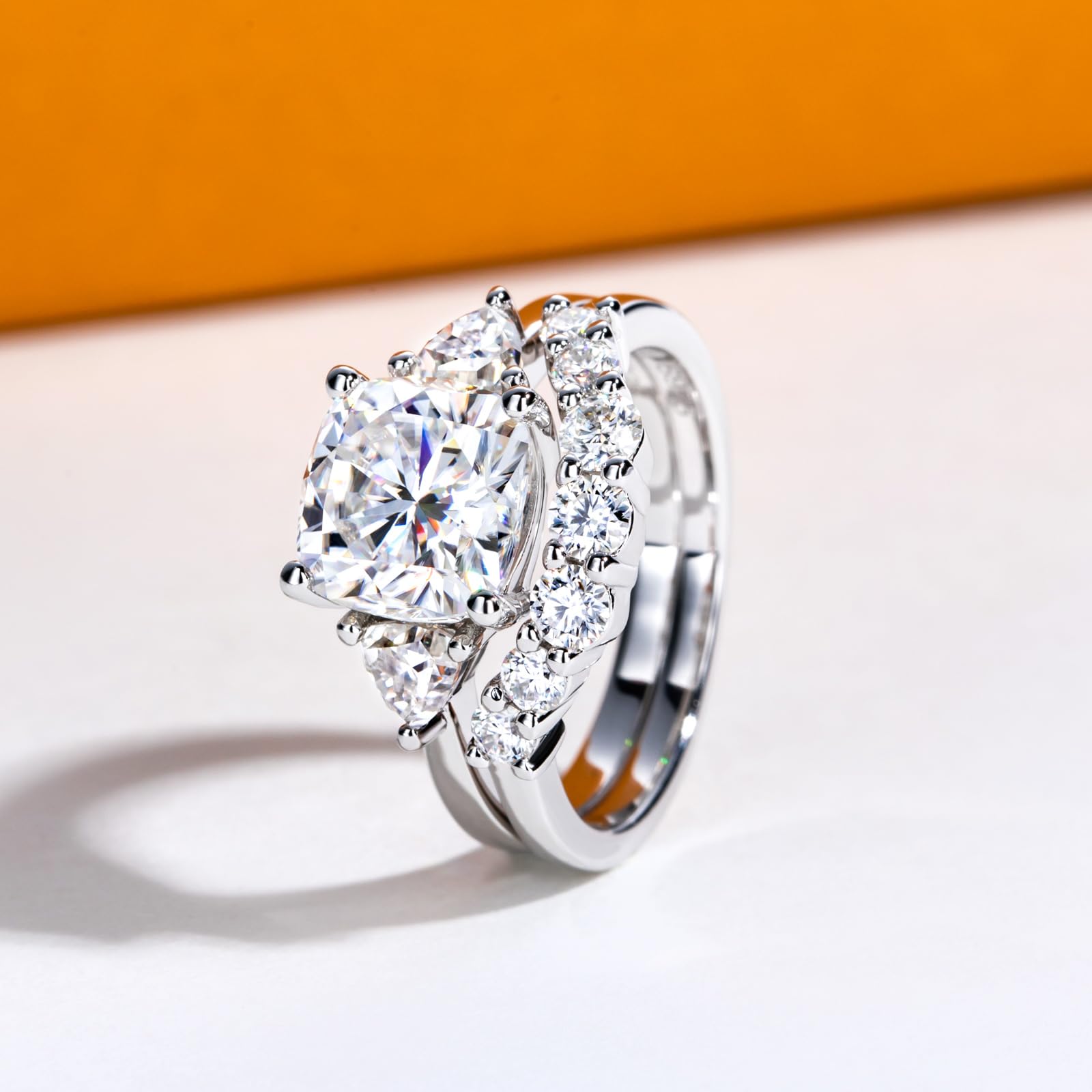 bridal ring set, three stone ring, cushion cut ring, wedding ring set, engagement and wedding ring set, solitaire rings, gold rings, cushion cut engagement ring, gold rings for women, 14k gold rings, white gold rings, lab grown diamond rings, diamond rings for women, diamond rings, valentines gift for her, birthday gift for her, moissanite rings