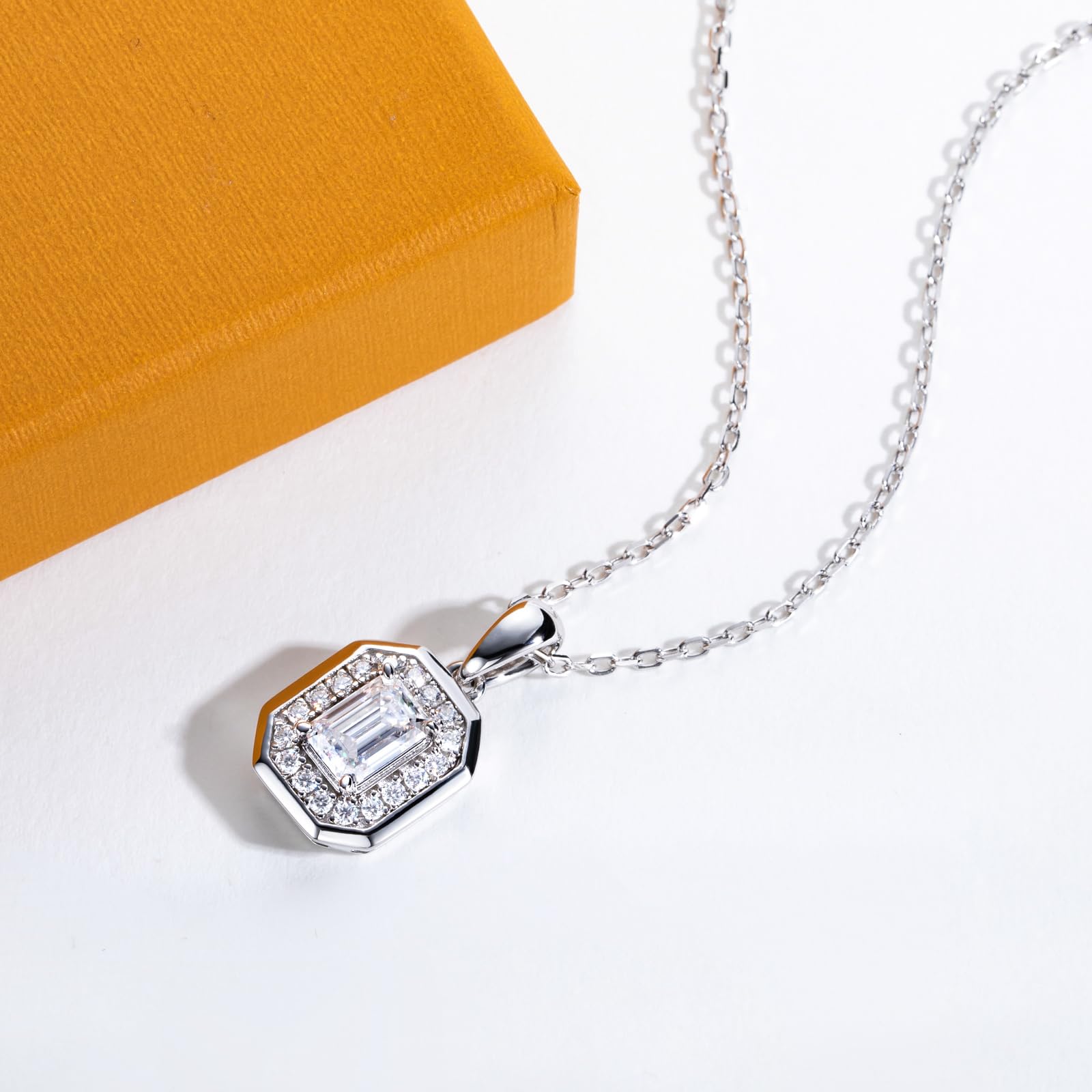 emerald cut diamond pendant, halo pendant necklace, sterling silver necklace women, white gold pendant necklace, moissanite emerald cut necklace, cz halo pendant, elegant jewelry gift, minimalist pendant necklace, luxury silver necklace, gift for her jewelry, geometric pendant necklace, moissanite jewelry USA