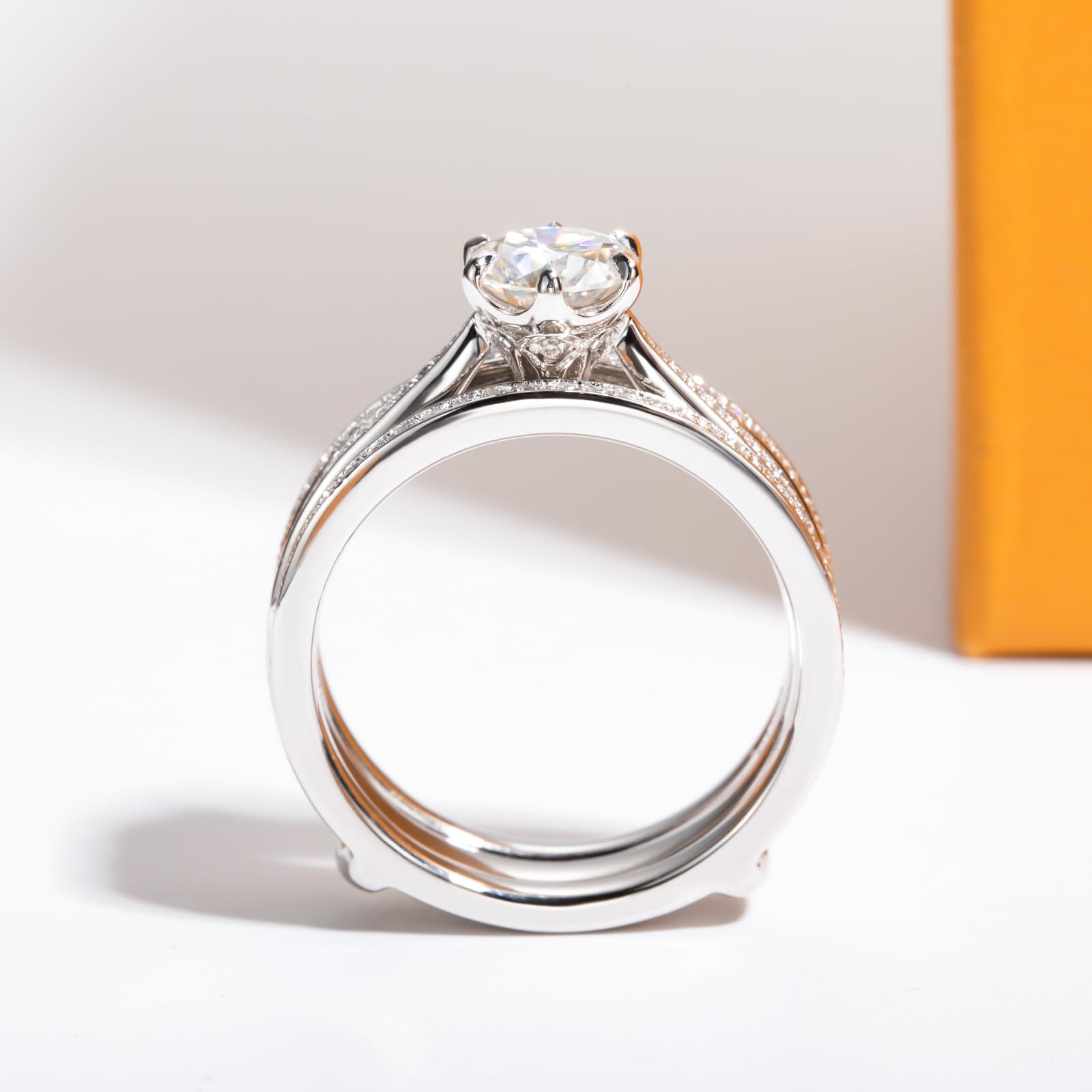 bridal ring set, round cut diamond ring, wedding ring set, engagement and wedding ring set, solitaire rings, gold rings, round cut engagement ring, gold rings for women, 14k gold rings, white gold rings, lab grown diamond rings, diamond rings for women, diamond rings, valentines gift for her, birthday gift for her, moissanite rings