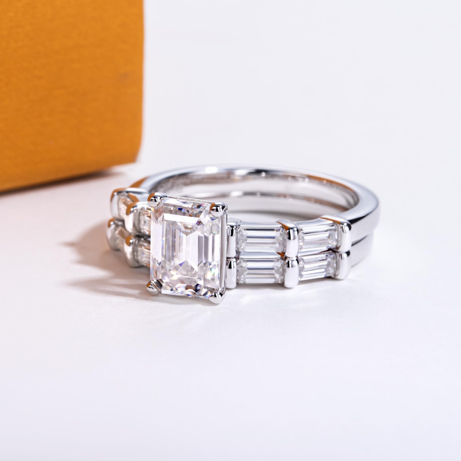 bridal ring set, emerald cut ring, wedding ring set, engagement and wedding ring set, solitaire rings, gold rings, emerald cut engagement ring, gold rings for women, 14k gold rings, white gold rings, lab grown diamond rings, diamond rings for women, diamond rings, valentines gift for her, birthday gift for her, moissanite rings