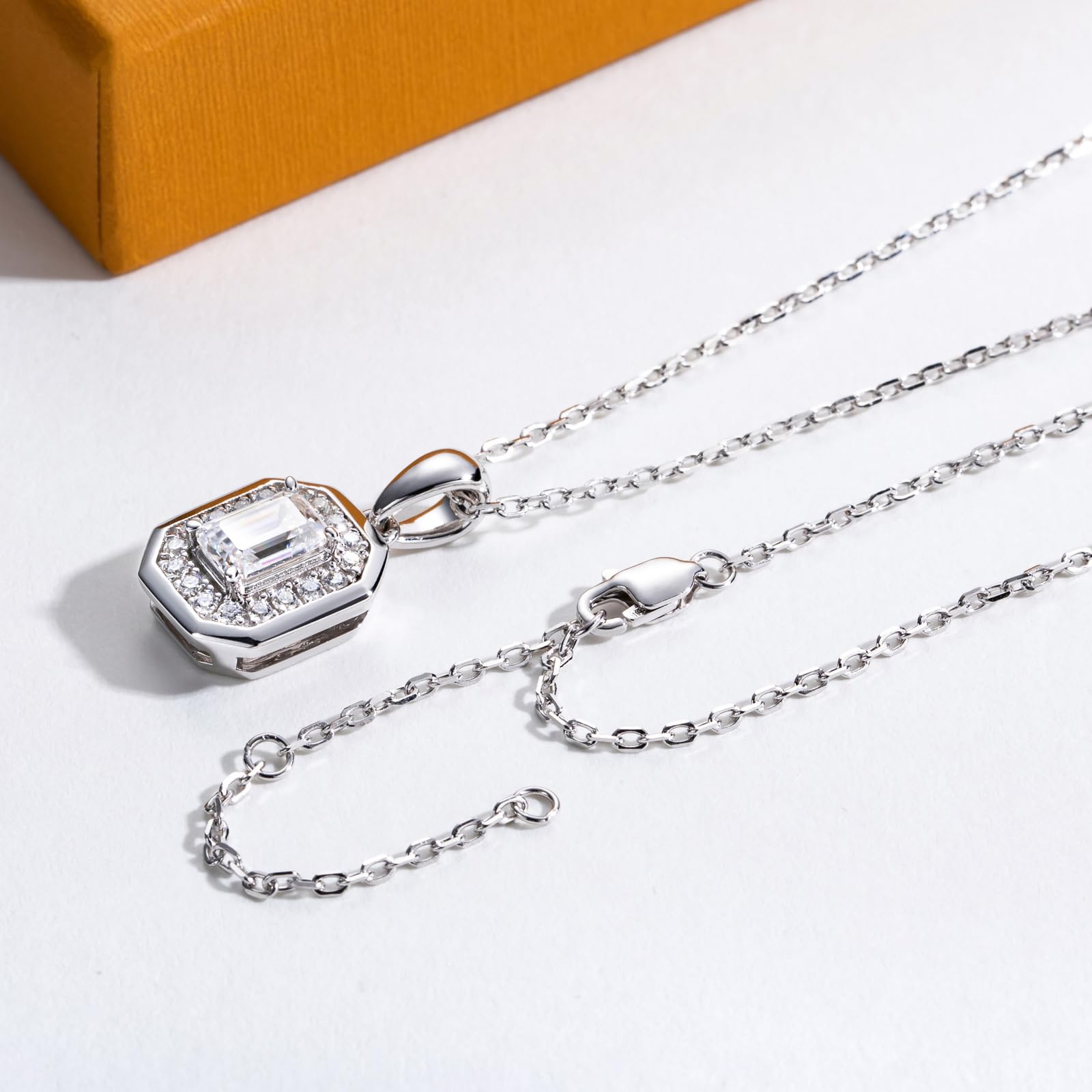 emerald cut diamond pendant, halo pendant necklace, sterling silver necklace women, white gold pendant necklace, moissanite emerald cut necklace, cz halo pendant, elegant jewelry gift, minimalist pendant necklace, luxury silver necklace, gift for her jewelry, geometric pendant necklace, moissanite jewelry USA