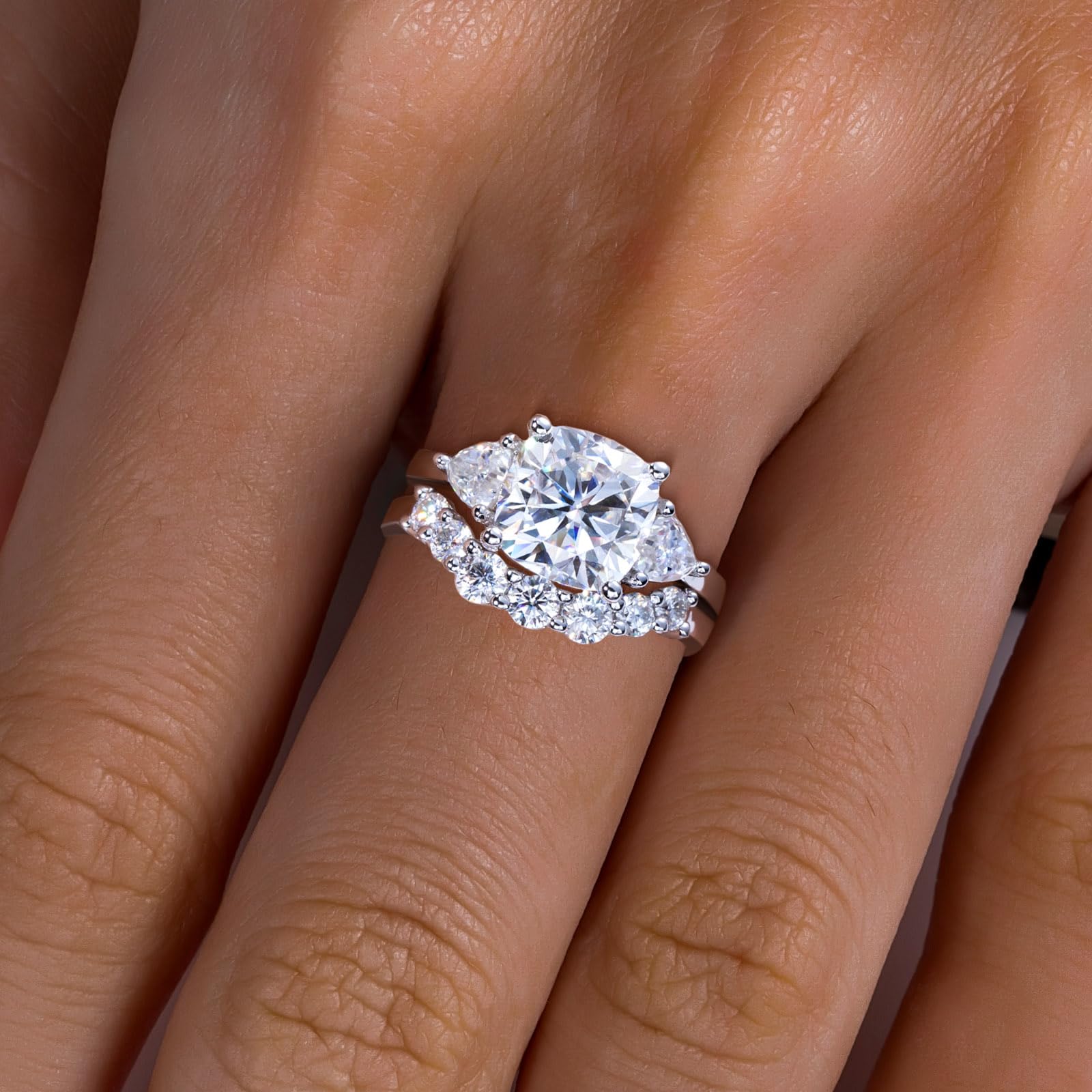 bridal ring set, three stone ring, cushion cut ring, wedding ring set, engagement and wedding ring set, solitaire rings, gold rings, cushion cut engagement ring, gold rings for women, 14k gold rings, white gold rings, lab grown diamond rings, diamond rings for women, diamond rings, valentines gift for her, birthday gift for her, moissanite rings