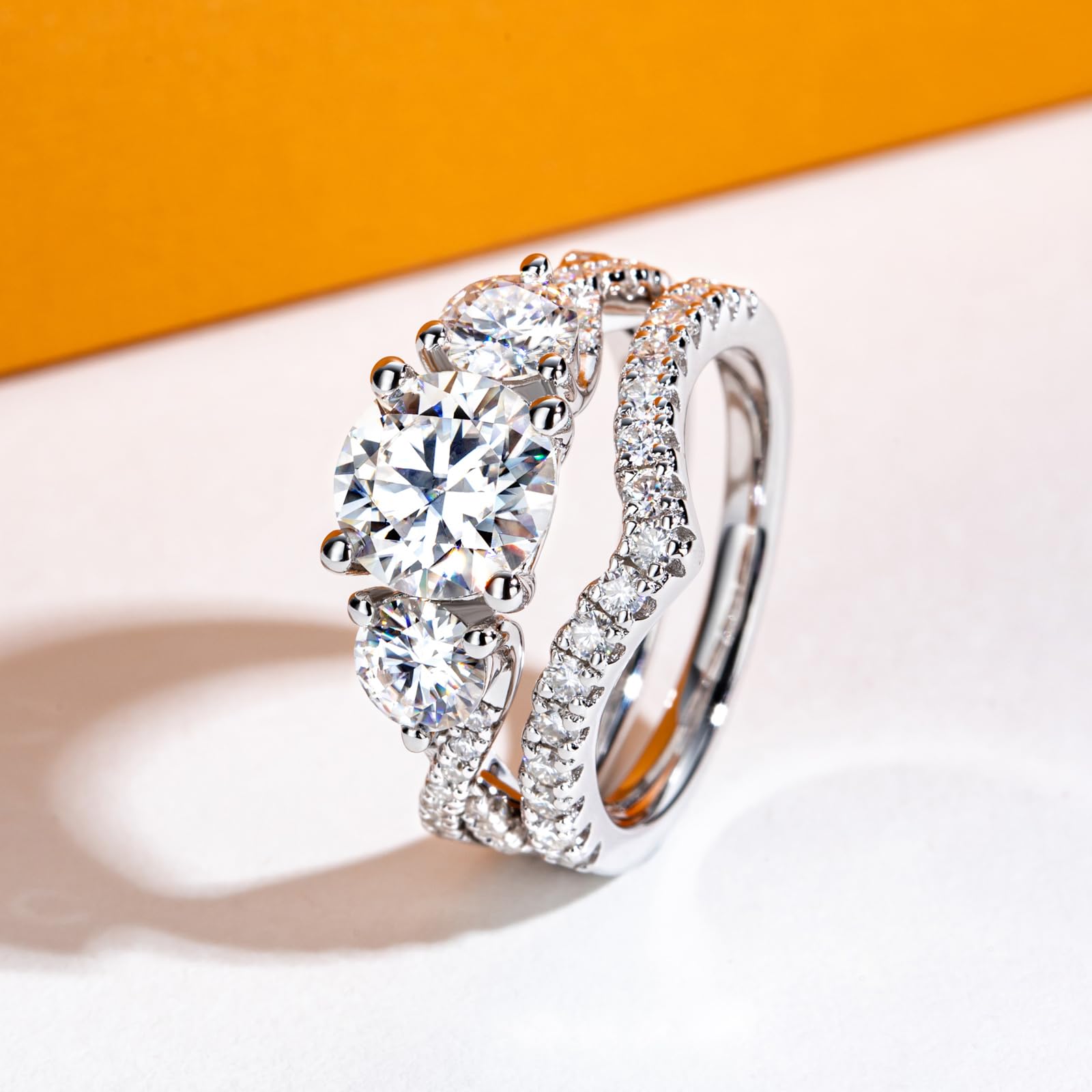 three stone ring, chevron ring, bridal ring set, round cut diamond ring, wedding ring set, engagement and wedding ring set, solitaire rings, gold rings, round cut engagement ring, gold rings for women, 14k gold rings, white gold rings, lab grown diamond rings, diamond rings for women, diamond rings, valentines gift for her, birthday gift for her, moissanite rings, 925 silver rings