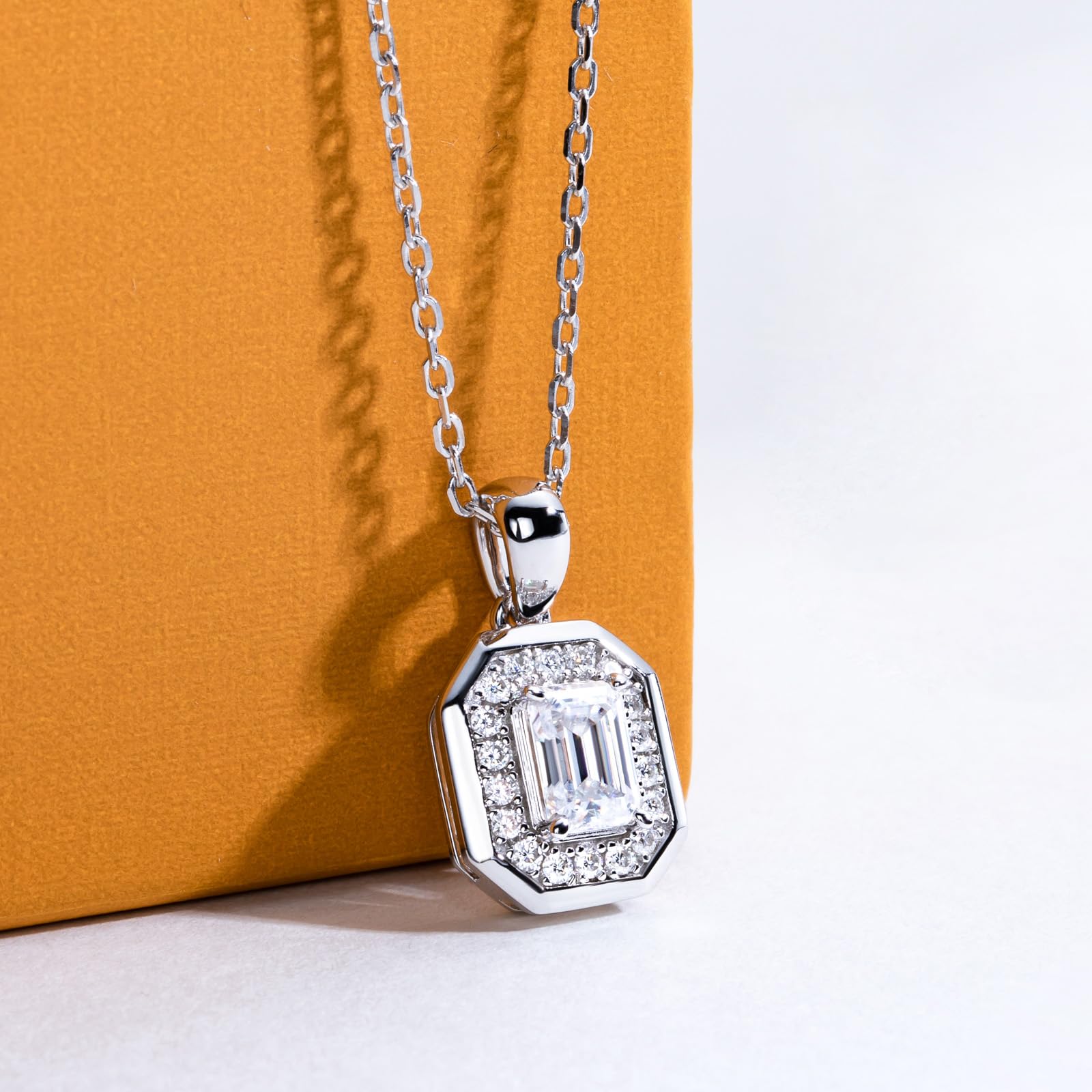 emerald cut diamond pendant, halo pendant necklace, sterling silver necklace women, white gold pendant necklace, moissanite emerald cut necklace, cz halo pendant, elegant jewelry gift, minimalist pendant necklace, luxury silver necklace, gift for her jewelry, geometric pendant necklace, moissanite jewelry USA