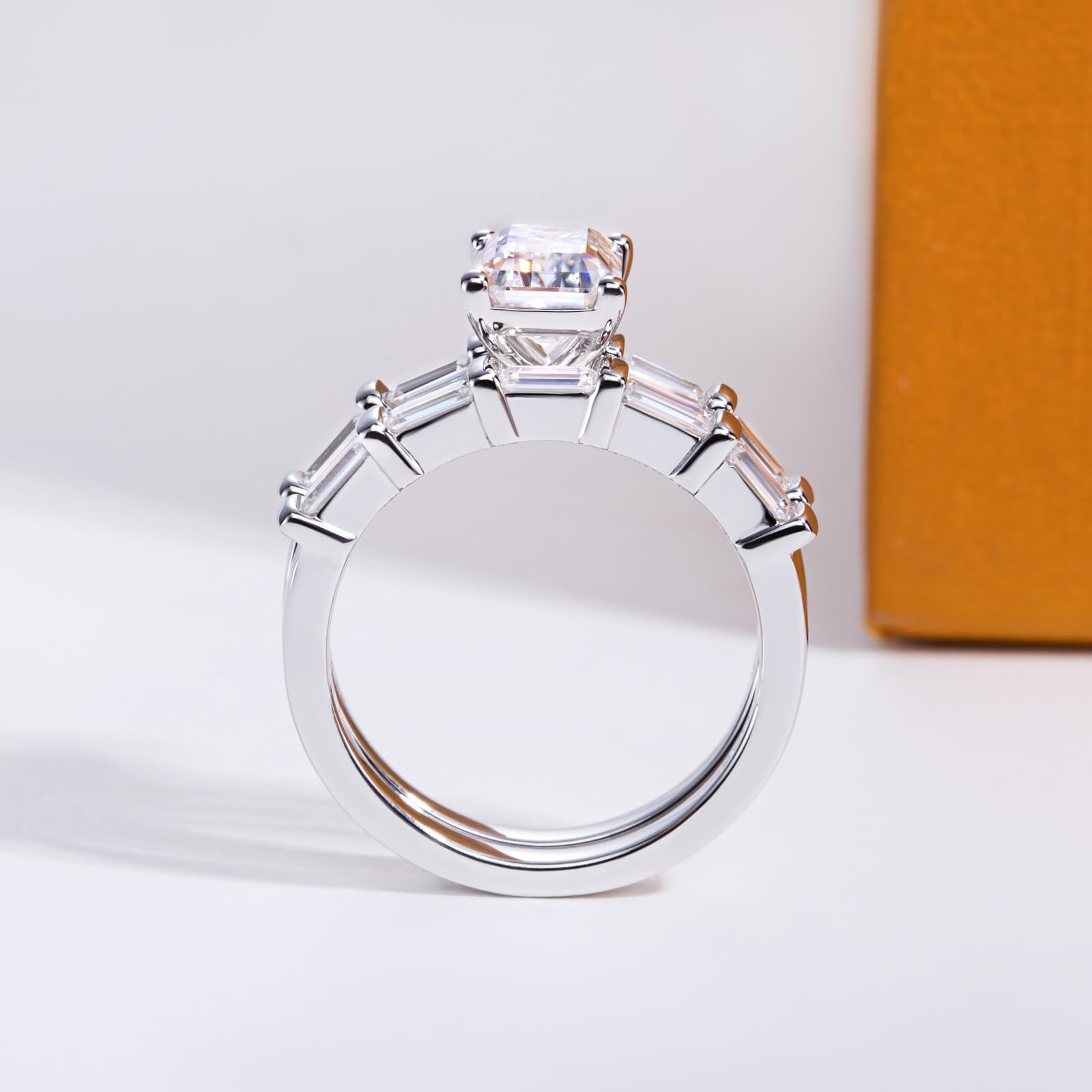bridal ring set, emerald cut ring, wedding ring set, engagement and wedding ring set, solitaire rings, gold rings, emerald cut engagement ring, gold rings for women, 14k gold rings, white gold rings, lab grown diamond rings, diamond rings for women, diamond rings, valentines gift for her, birthday gift for her, moissanite rings