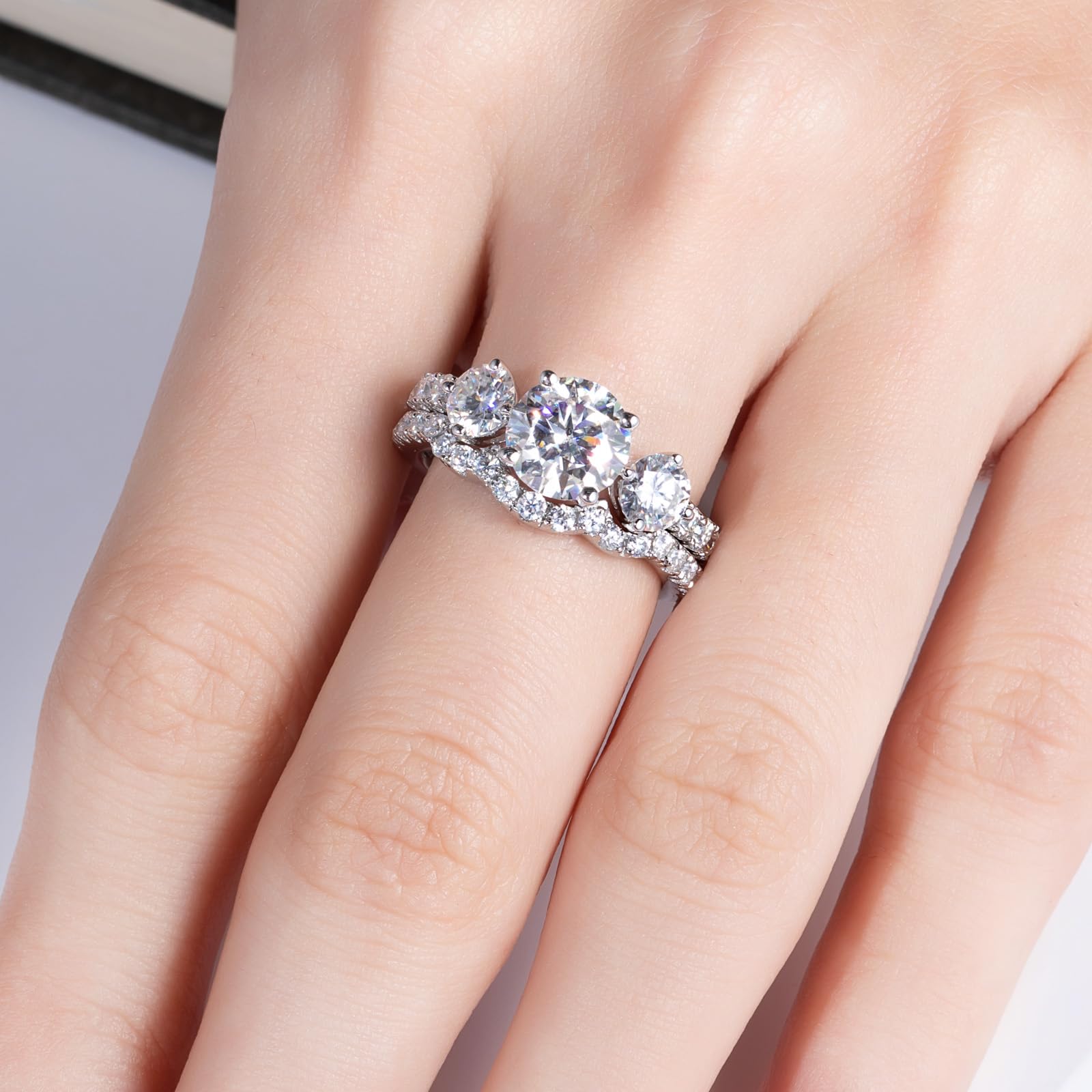 three stone engagement ring, bridal ring set, round cut diamond ring, wedding ring set, engagement and wedding ring set, solitaire rings, gold rings, round cut engagement ring, gold rings for women, 14k gold rings, white gold rings, lab grown diamond rings, diamond rings for women, diamond rings, valentines gift for her, birthday gift for her, moissanite rings, 925 silver rings