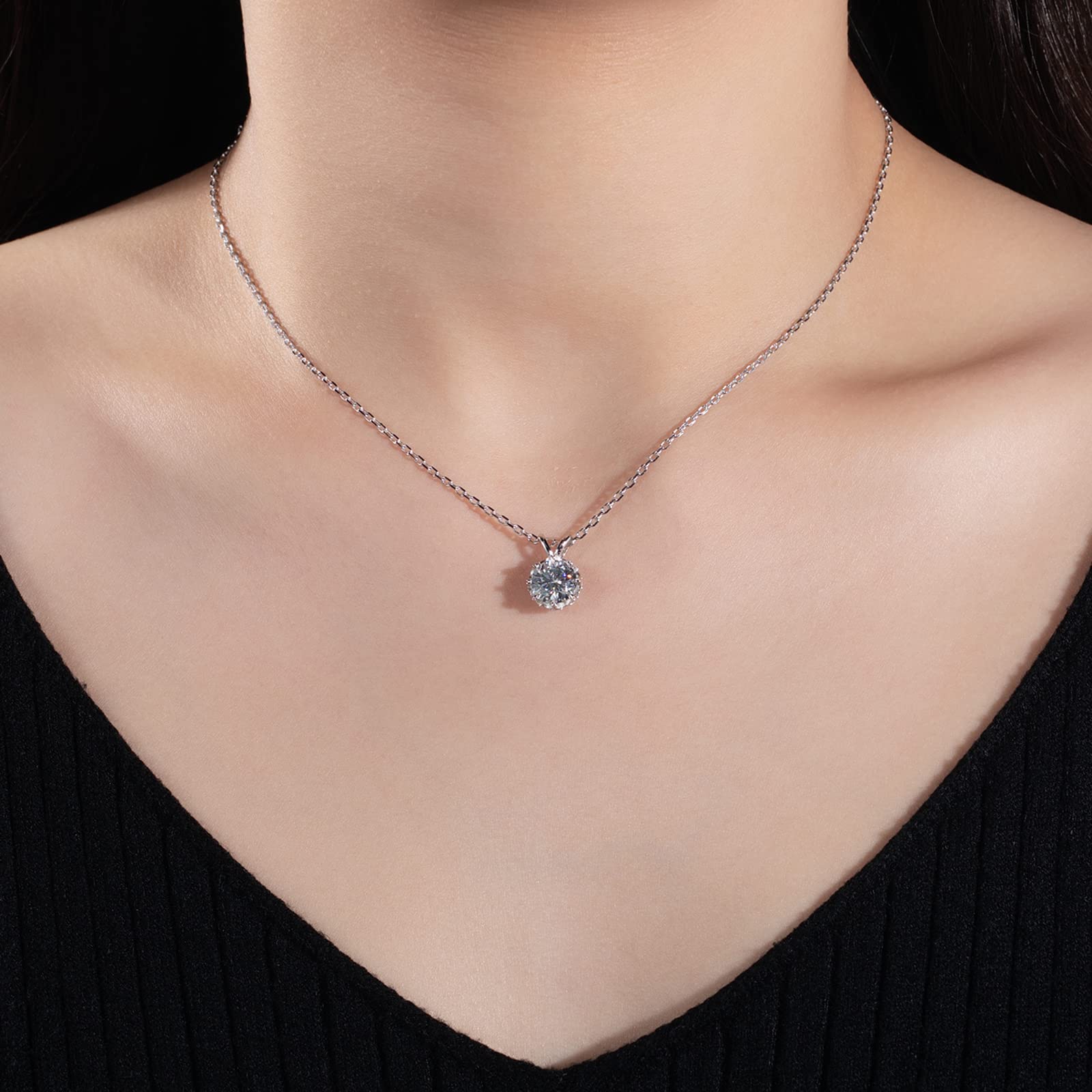 moissanite pendant necklace, round solitaire necklace, silver pendant for women, custom moissanite jewelry, lab grown diamond pendant, white gold plated necklace, dainty pendant necklace