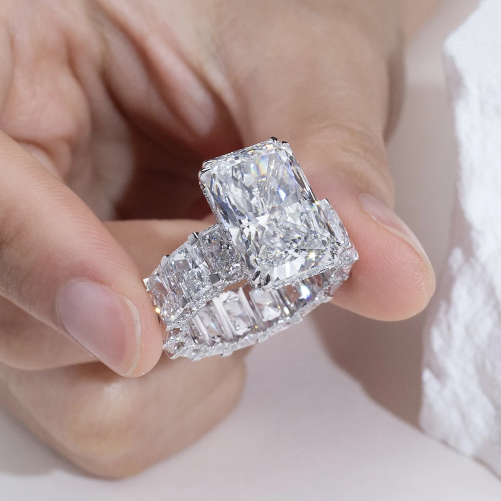 radiant moissanite ring set, engagement ring with wedding band, bridal ring set white gold, eternity band ring set, lab grown diamond alternative, luxury bridal set for women, moissanite jewelry USA, wedding ring combo