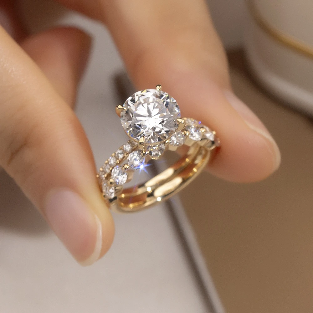 round moissanite ring gold, pavé band engagement ring, gold ring UK, lab grown diamond alternative, luxury engagement rings for women, moissanite jewelry USA, classic bridal ring, diamond look ring