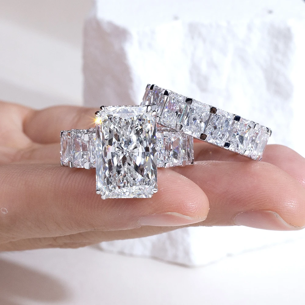 radiant moissanite ring set, engagement ring with wedding band, bridal ring set white gold, eternity band ring set, lab grown diamond alternative, luxury bridal set for women, moissanite jewelry USA, wedding ring combo