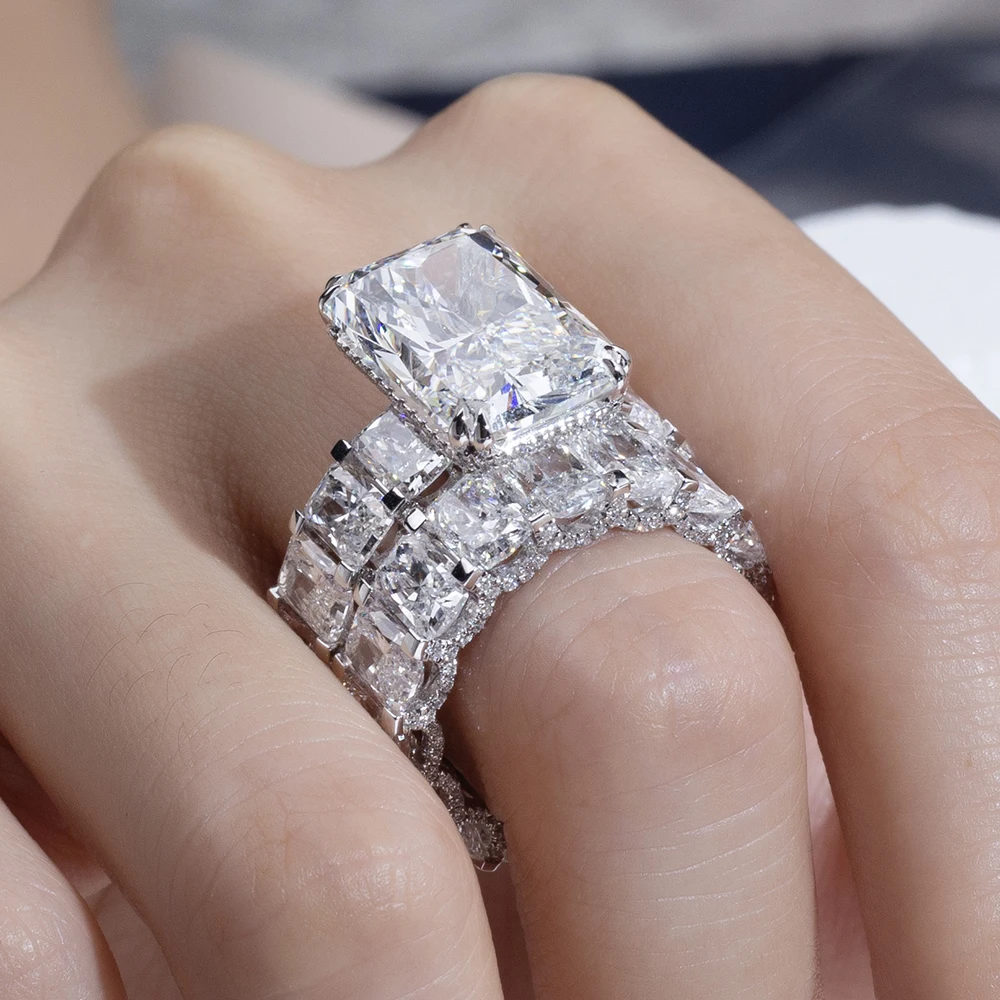 radiant moissanite ring set, engagement ring with wedding band, bridal ring set white gold, eternity band ring set, lab grown diamond alternative, luxury bridal set for women, moissanite jewelry USA, wedding ring combo