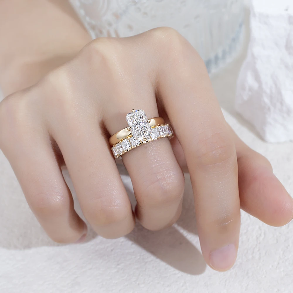 radiant cut moissanite ring gold, engagement ring with accent stones, gold plated engagement ring India, lab grown diamond alternative, luxury bridal rings for women, moissanite engagement ring USA, diamond band ring, statement engagement ring