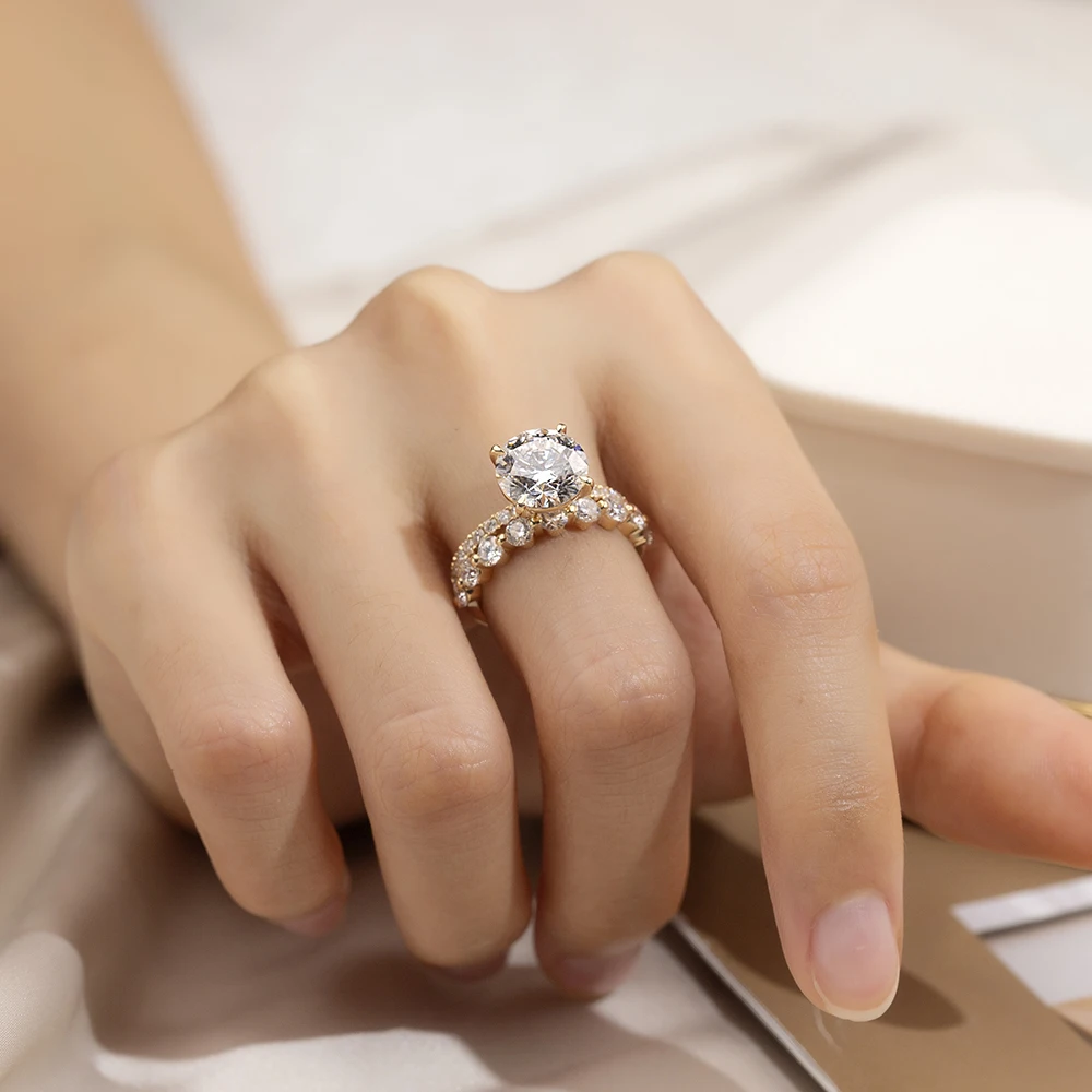 round moissanite ring gold, pavé band engagement ring, gold ring UK, lab grown diamond alternative, luxury engagement rings for women, moissanite jewelry USA, classic bridal ring, diamond look ring