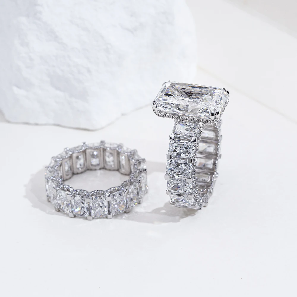 radiant moissanite ring set, engagement ring with wedding band, bridal ring set white gold, eternity band ring set, lab grown diamond alternative, luxury bridal set for women, moissanite jewelry USA, wedding ring combo