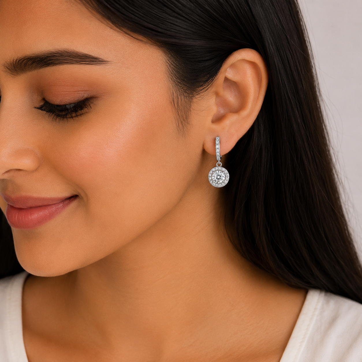 Round Brilliant Cut Moissanite White Gold plated Hoop Drop Earrings for Women | 925 Silver